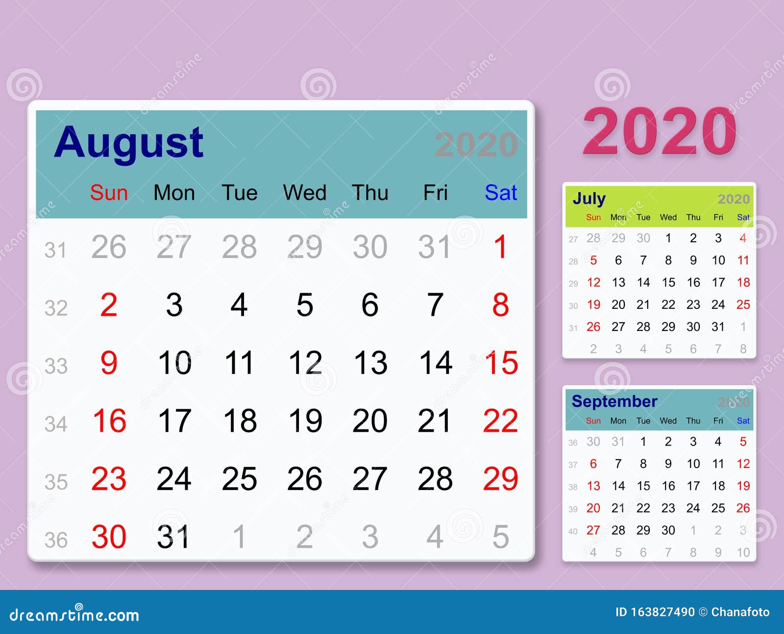 desktop calendar template 2020 august isolated on color background stock illustration illustration of simple graphic 163827490