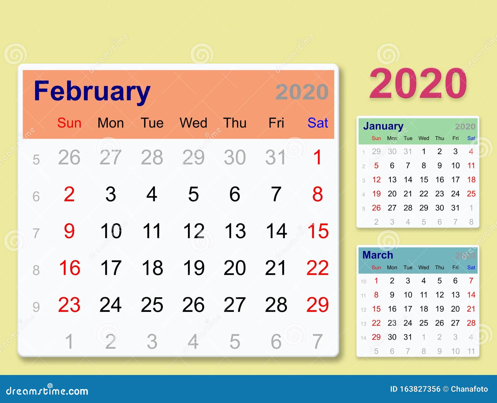 Desktop Calendar Template 2020 February Isolated On Color