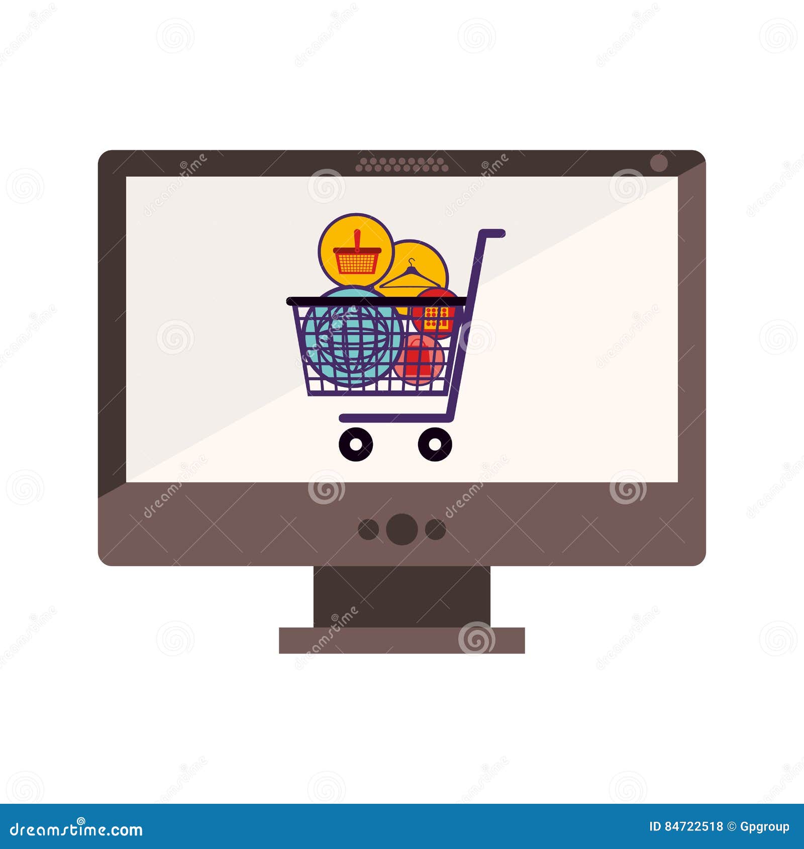 Desktop Computer with Full Shopping Cart Stock Vector Illustration of