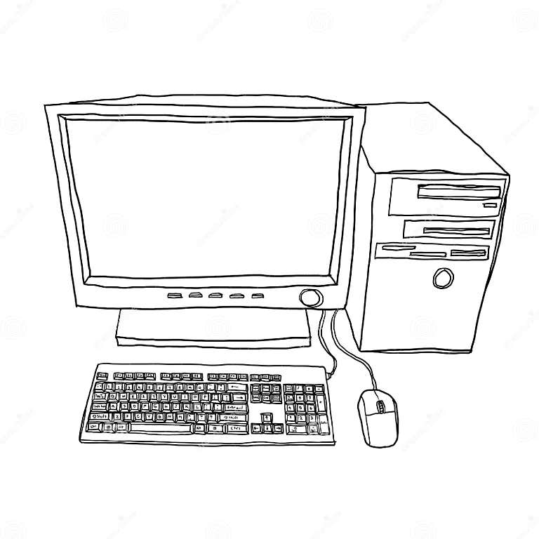 Desktop Computer Hand Drawn Line Art Cute Illustration Stock ...