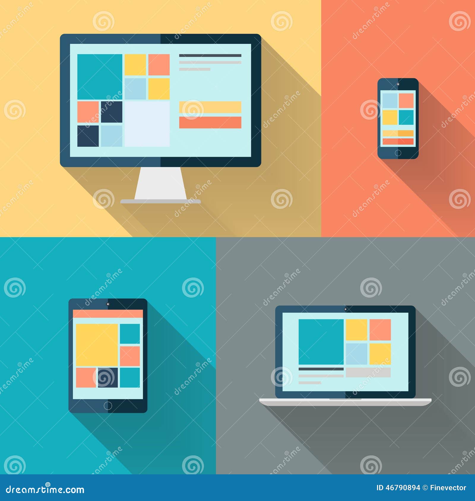 desktop computer, laptop, tablet and smart phone on color background  .