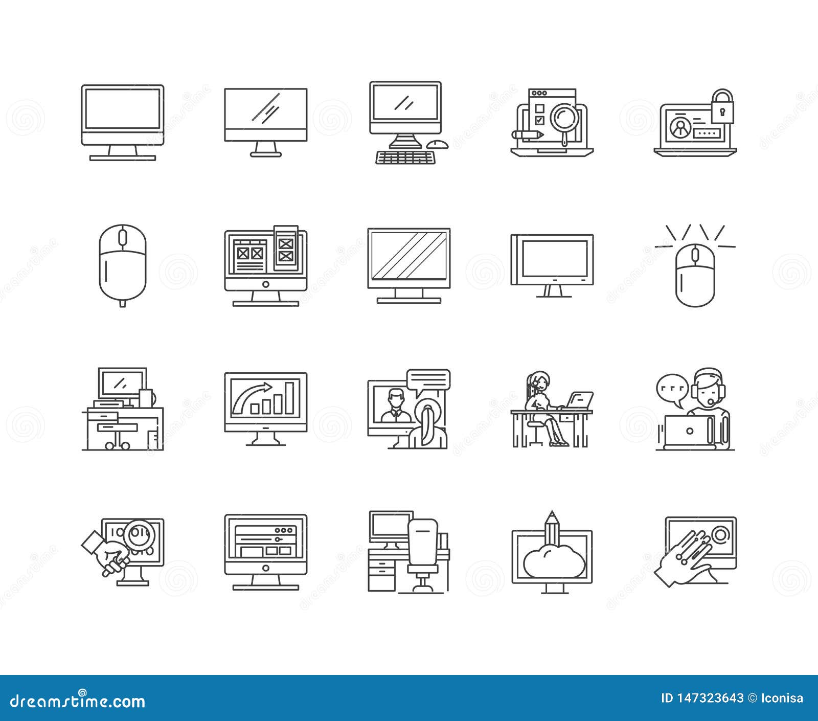 Desktop Computer Line Icons Signs Vector Set Outline