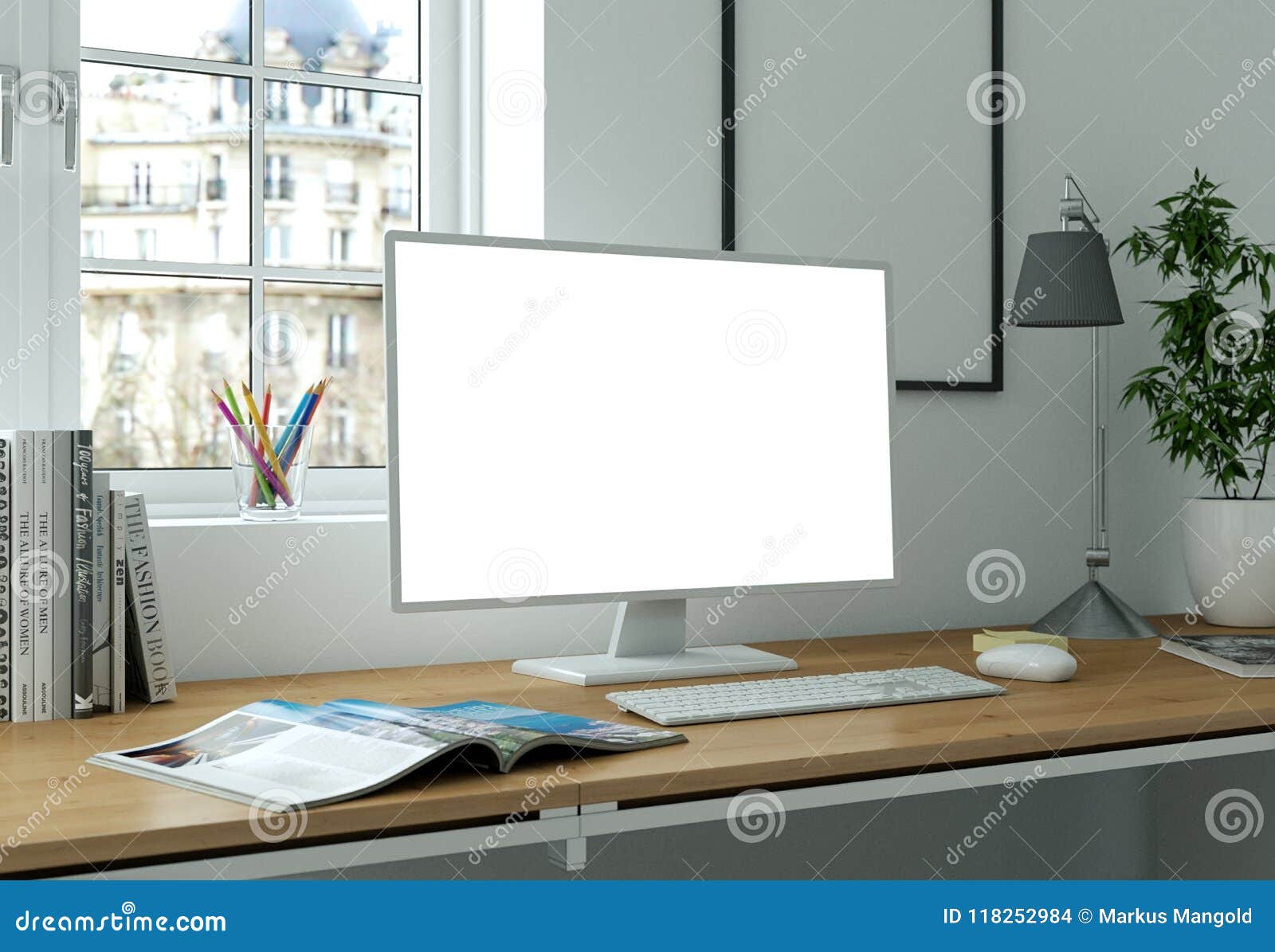 Desktop Computer Mock-up with White Screen Stands on the Office Desk ...