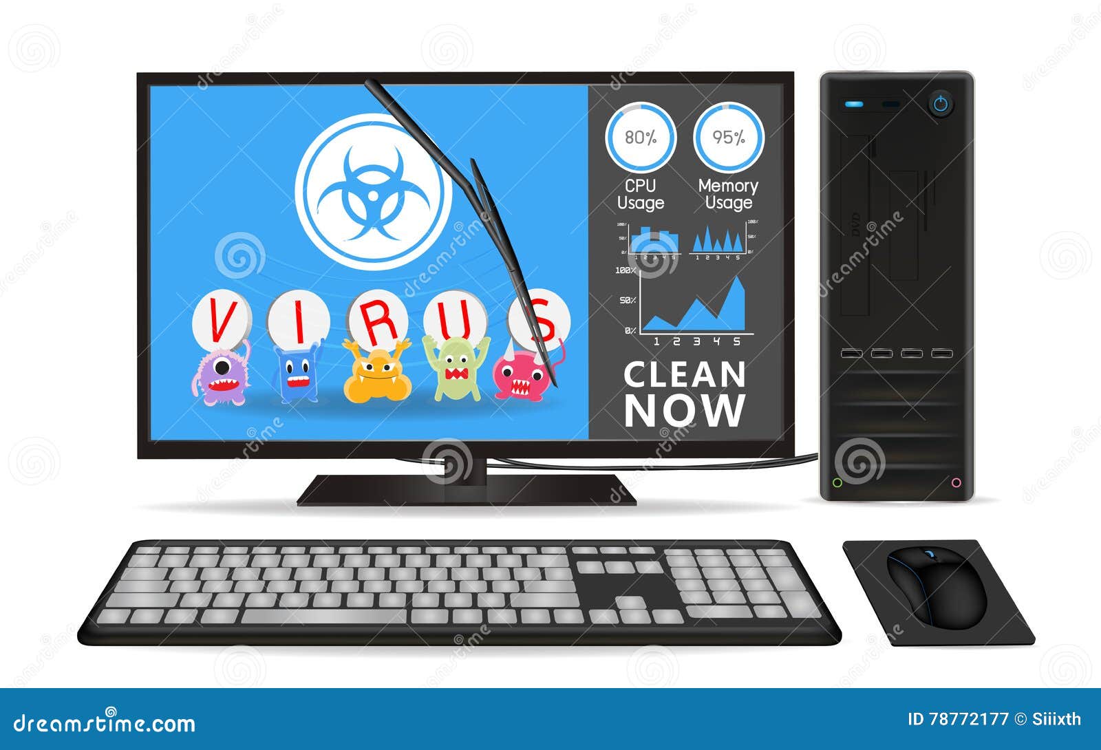 Desktop Computer with Virus Cleaning Application Stock Vector