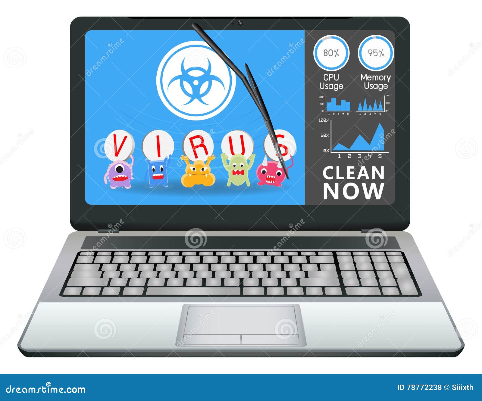 Desktop Computer with Virus Cleaning Application Stock Vector