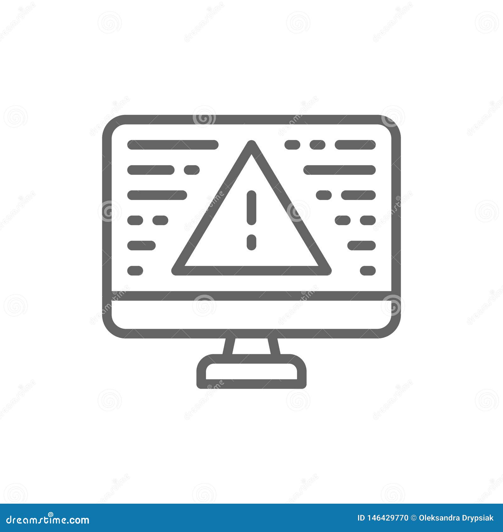 desktop computer with warning sign, screen error, notification, laptop and exclamation mark line icon.