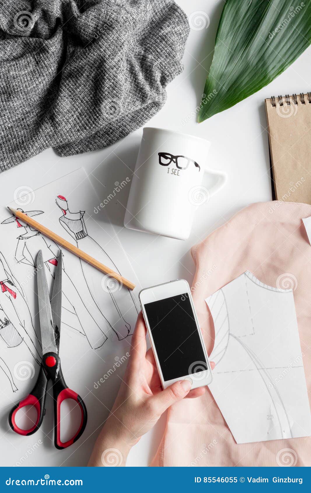 Desktop Designer Clothes with Tools Top View Mock Up Stock Image