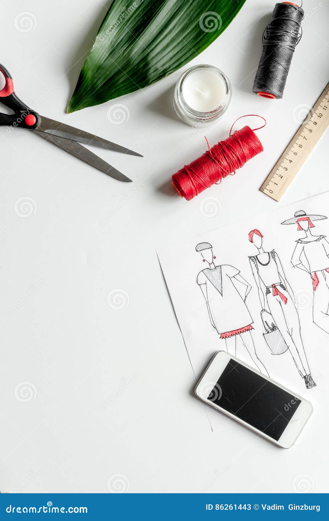 Desktop Designer Clothes with Tools Top View Mock Up Stock Image