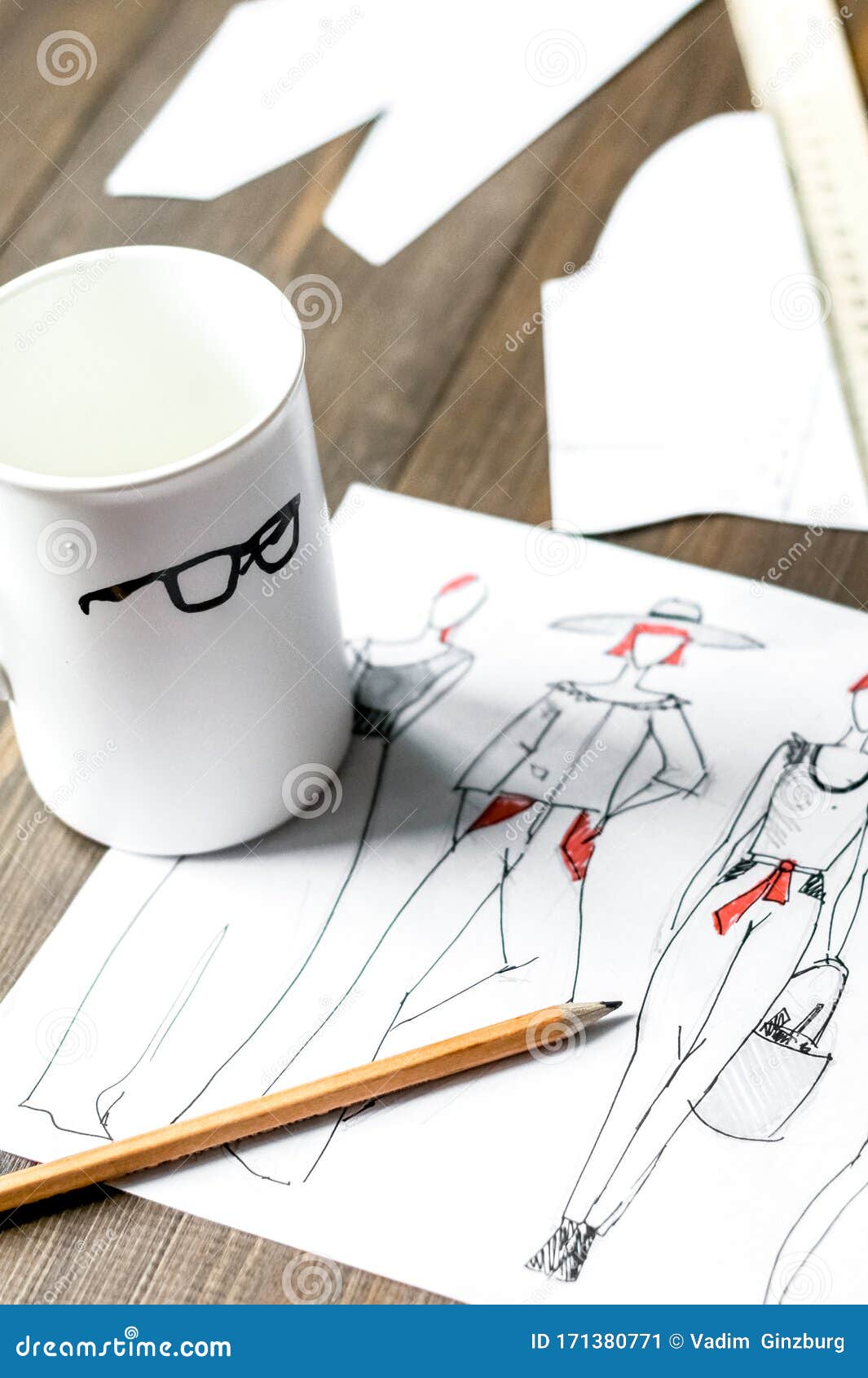 Desktop Designer Clothes with Tools at Wooden Table Stock Image Image