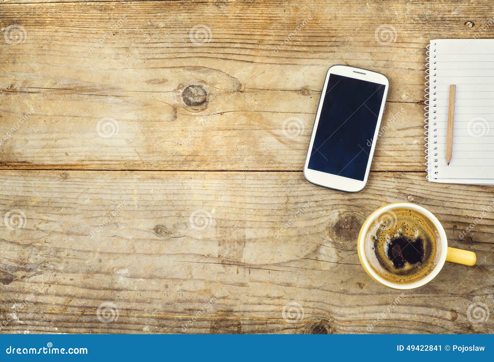 Desktop Mix On A Wooden Office Table. Stock Photo - Image: 49422841