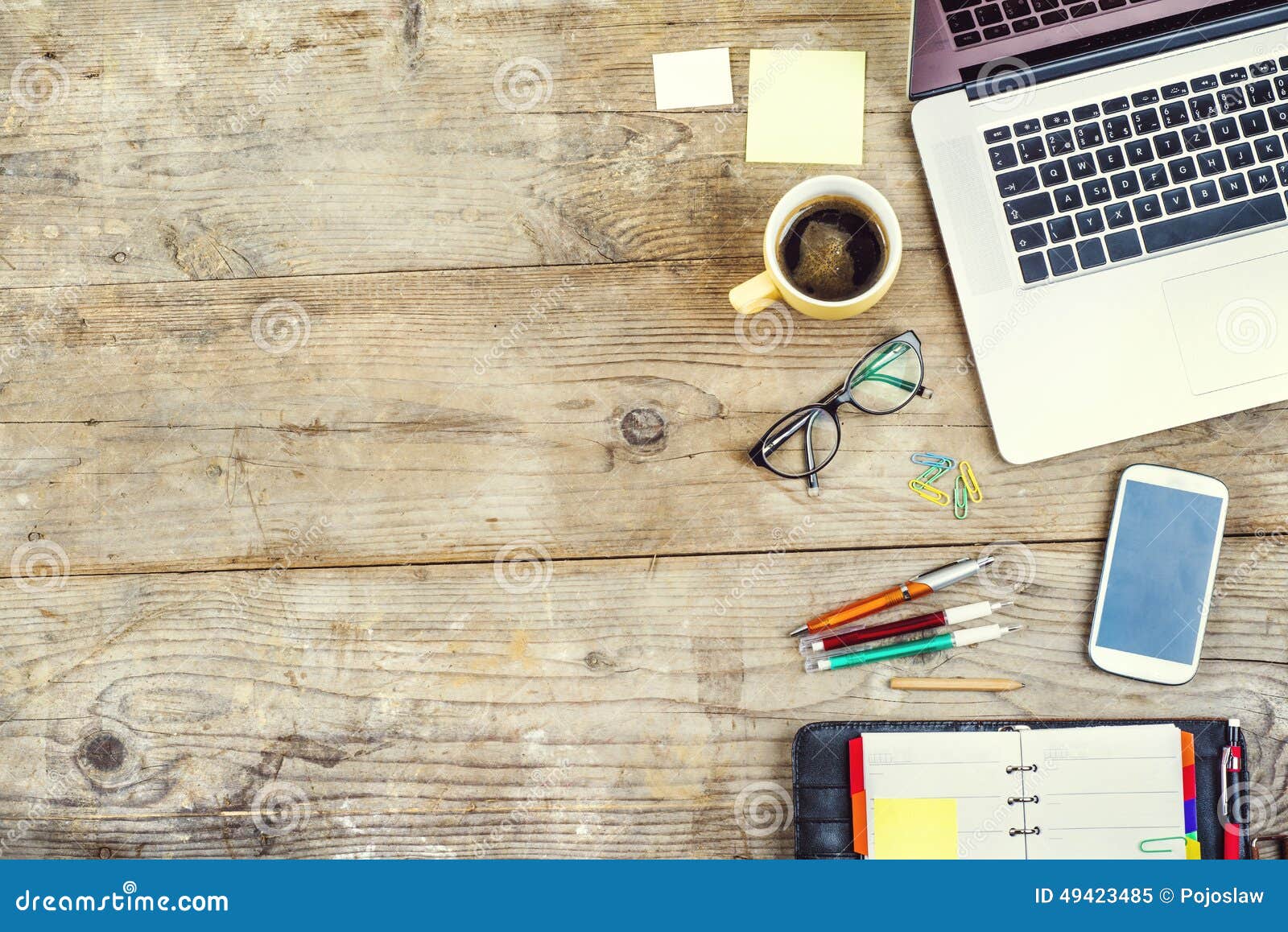 Desktop Mix On A Wooden Office Table. Stock Image - Image 