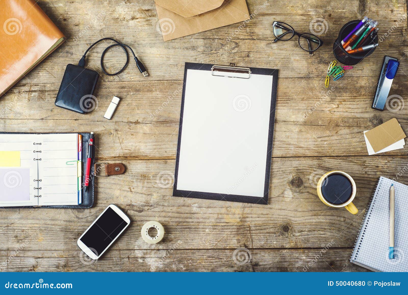 Desktop Mix On A Wooden Office Table. Stock Photo - Image ...