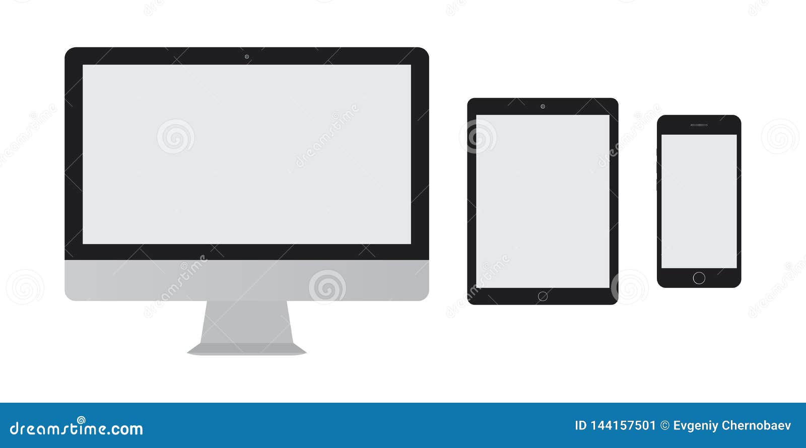 Desktop Screen Computer, Tablet with Grey Screen and Smartphone with