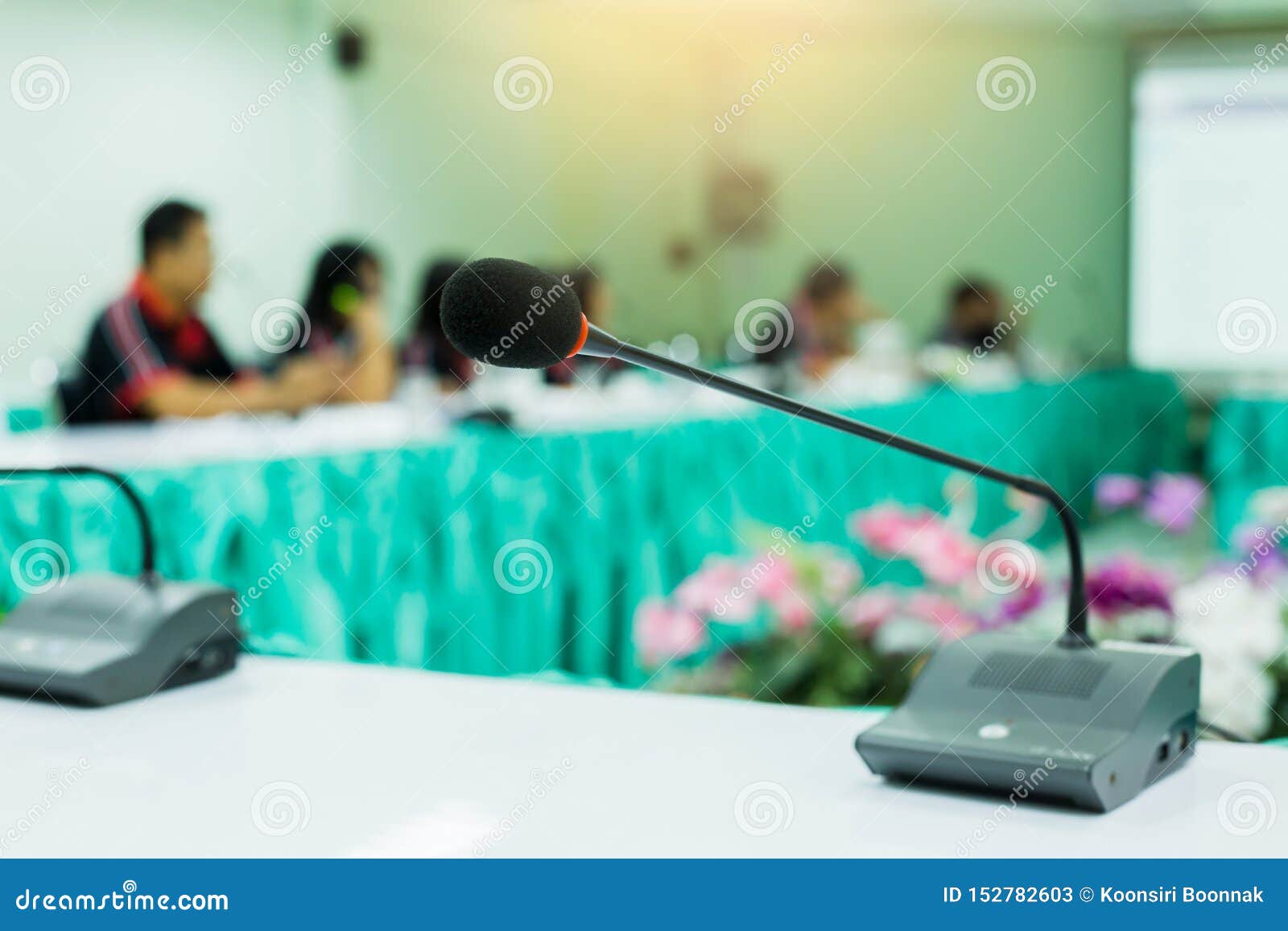 Desktop Wireless Conference Microphones With Blurry Business Group