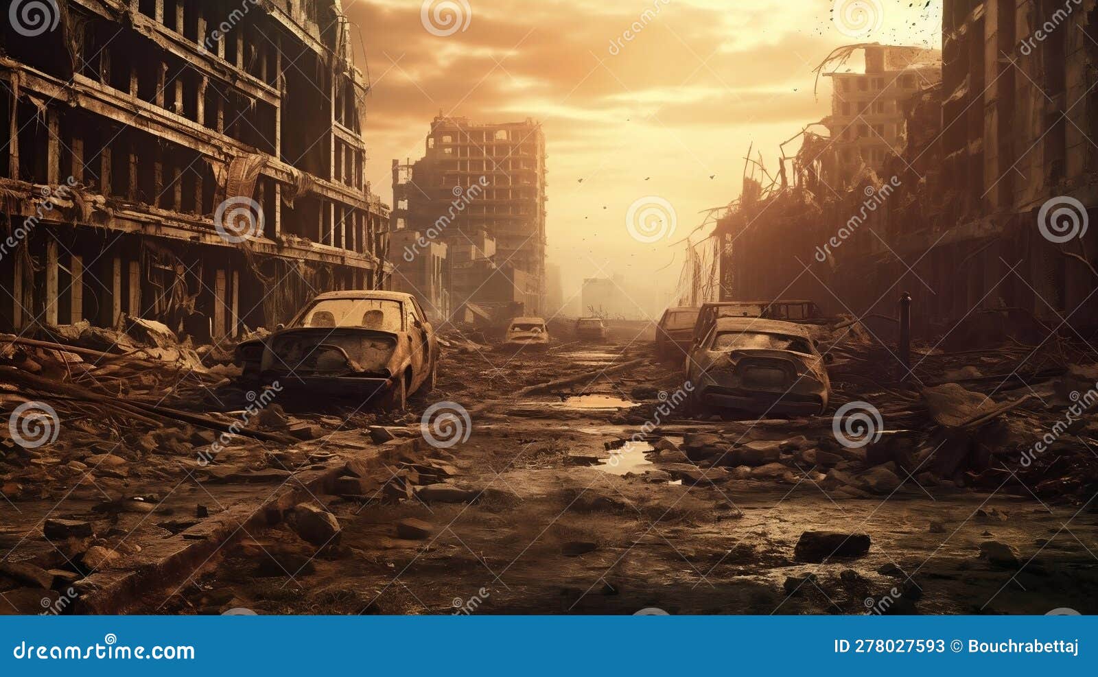 Desolate Post-apocalyptic City Skyline with Destroyed Buildings and ...