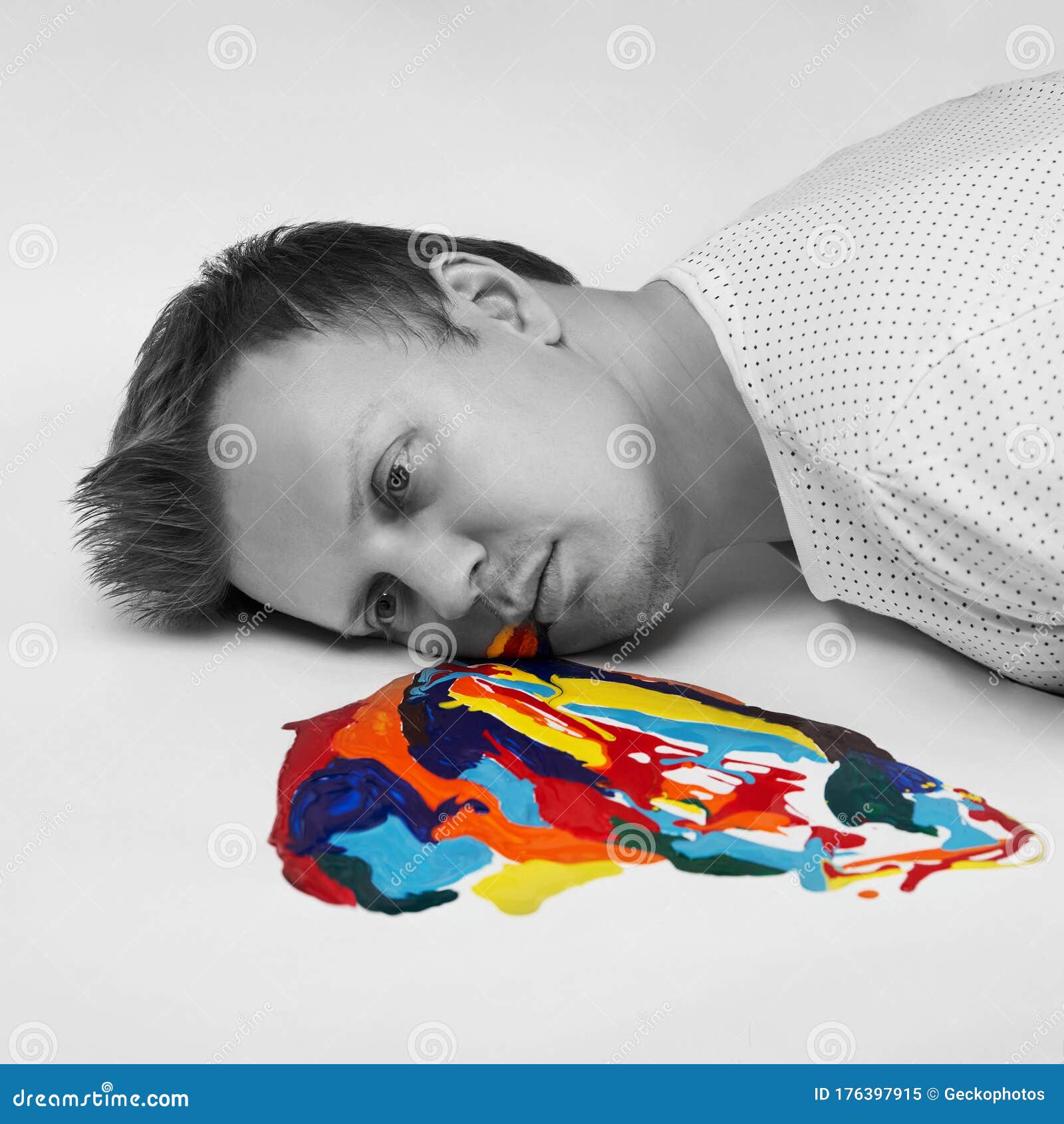 Despaired Stressed Man With Colorful Paint Spilling From Mouth Stock Image Image Of Copy Face