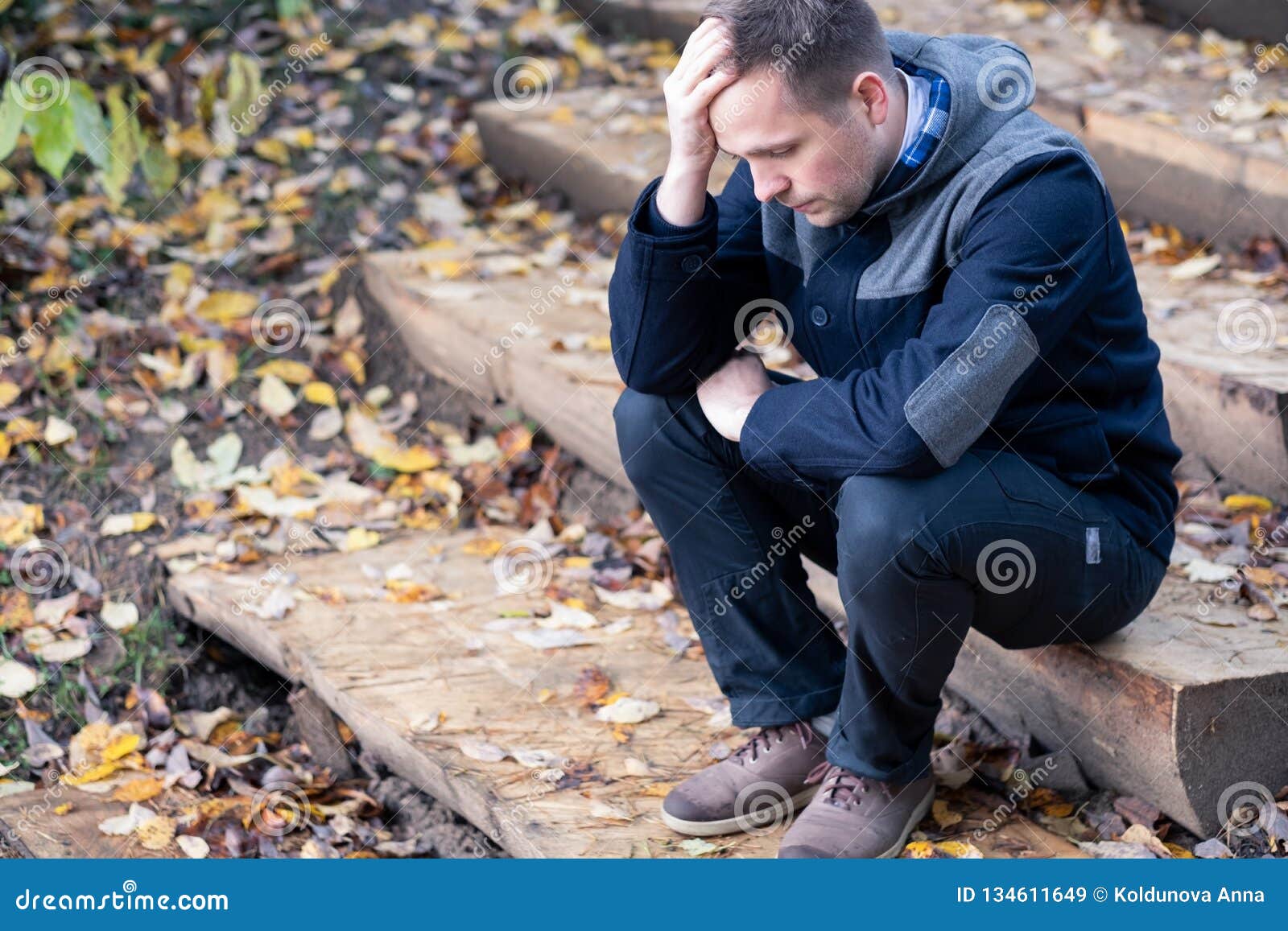 Desperate European Man Sitting Alone on Stairs Outdoors in Autumn. he ...