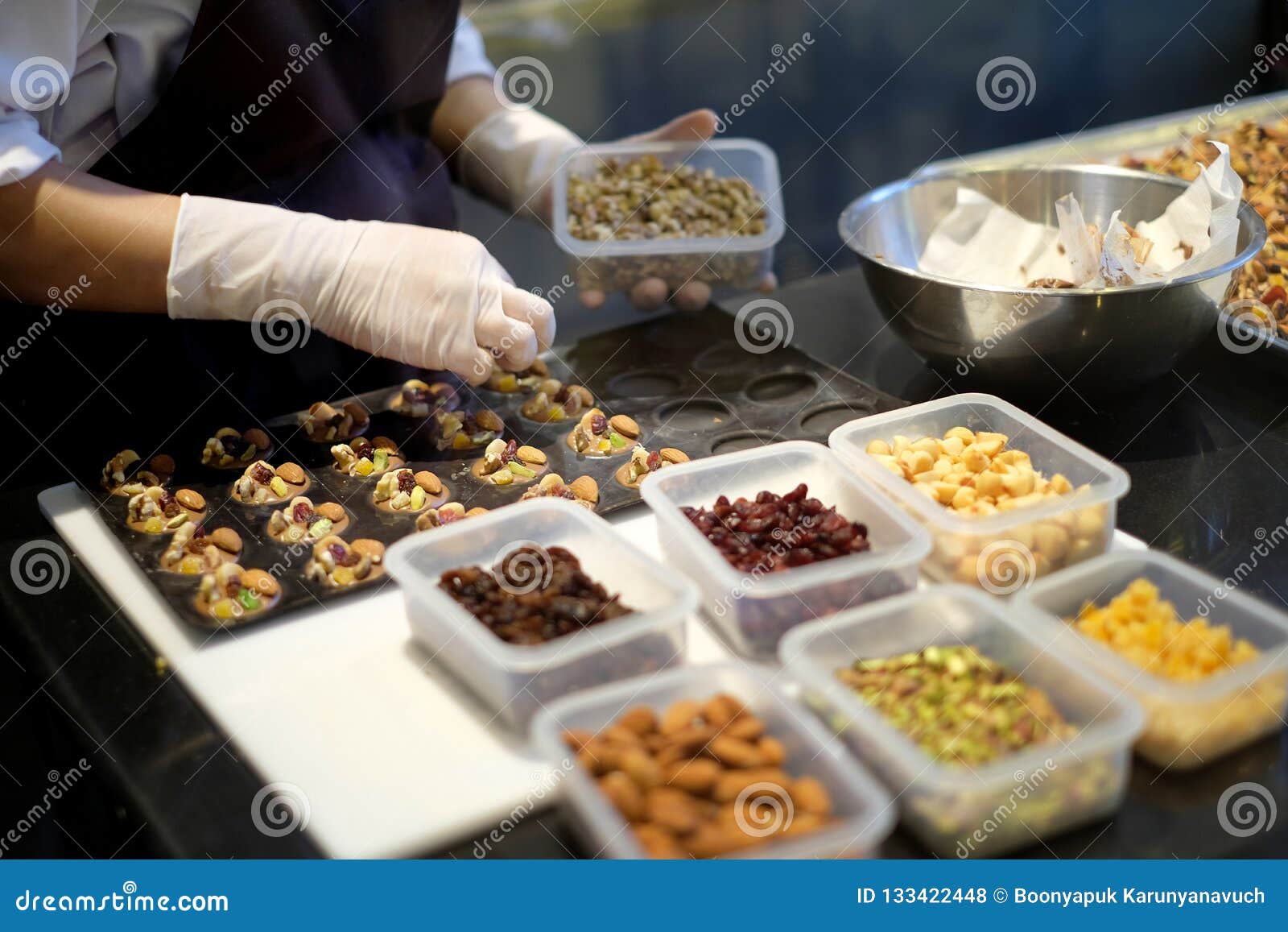 Dessert Chef Preparing Milk Chocolate and Almond Appetizer Stock Photo