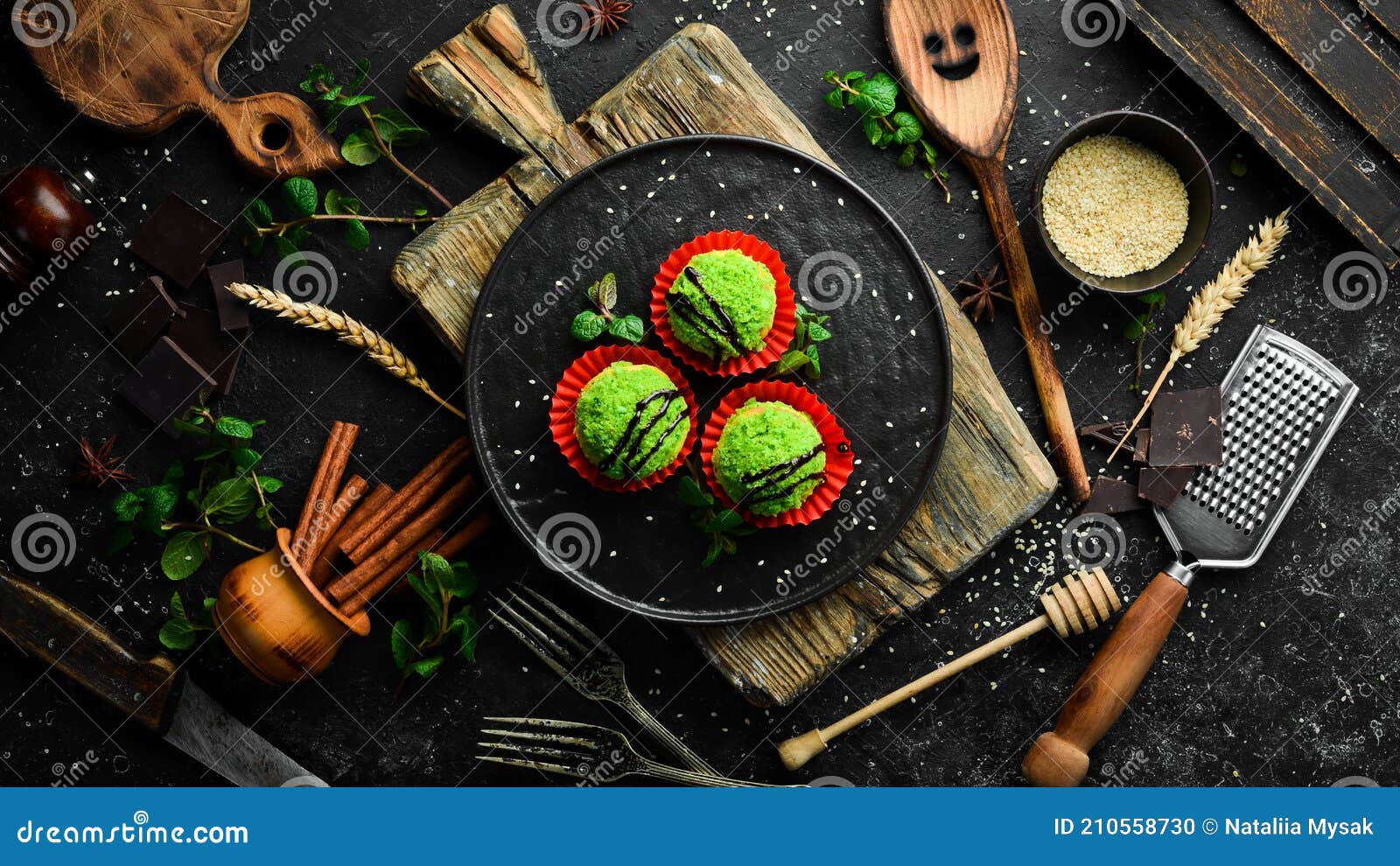 Dessert. Chocolate Green Cakes with Coconut. Sweets Stock Photo Image