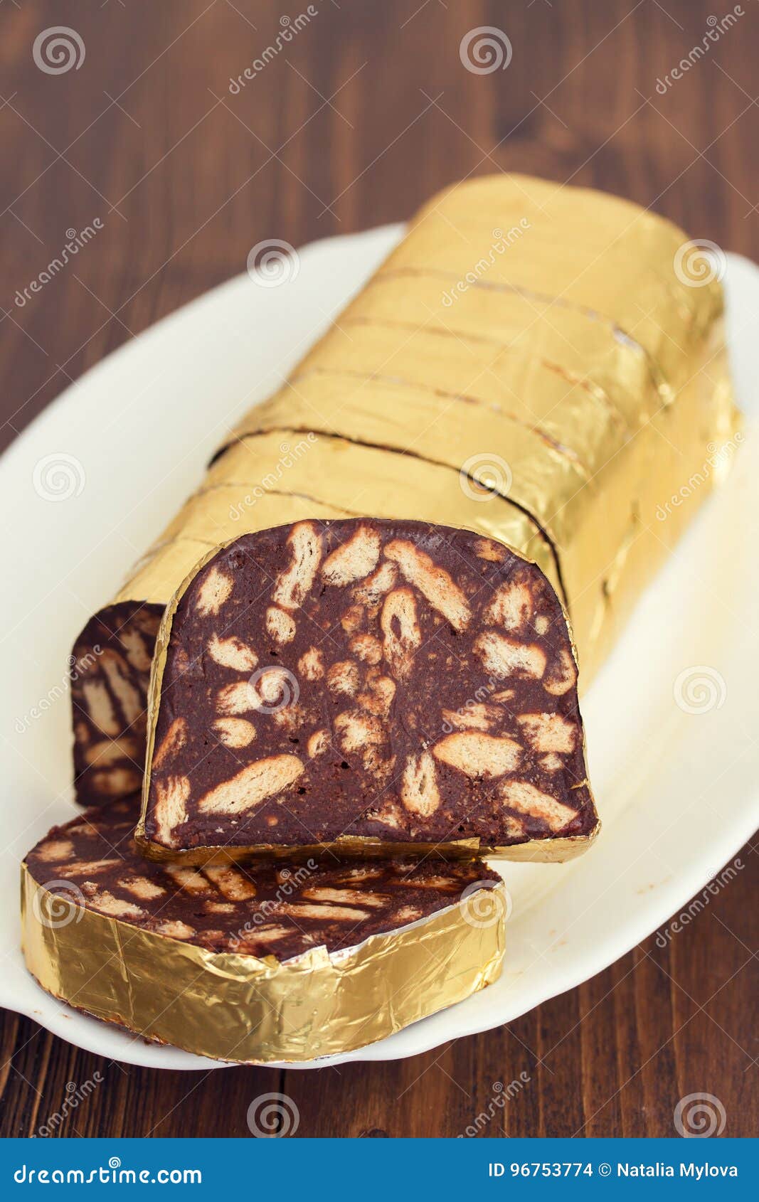 Dessert Chocolate Salami on Dish Stock Photo Image of sweet, salami