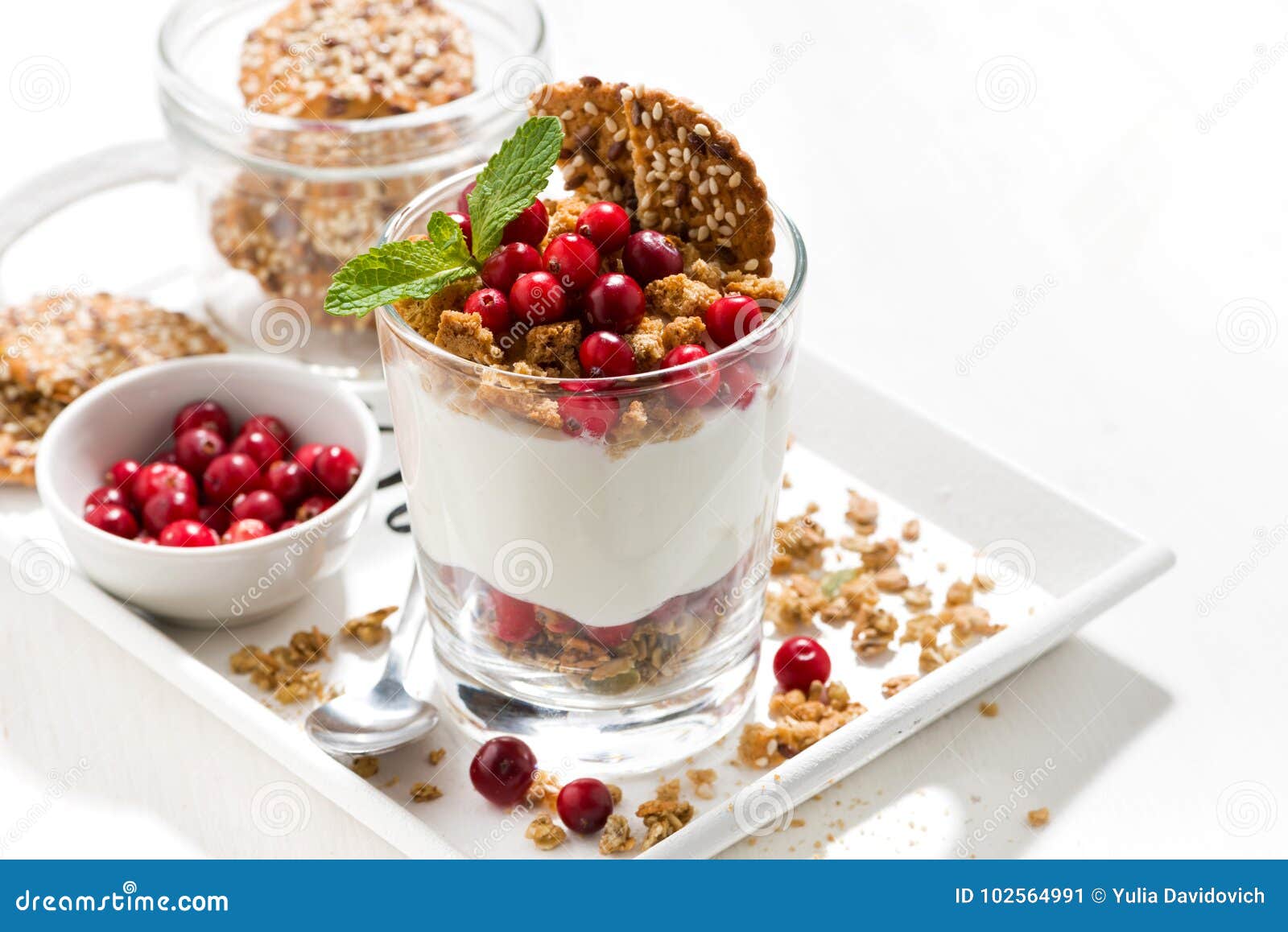 Dessert with Granola, Cranberries and Cream, Closeup Stock Image