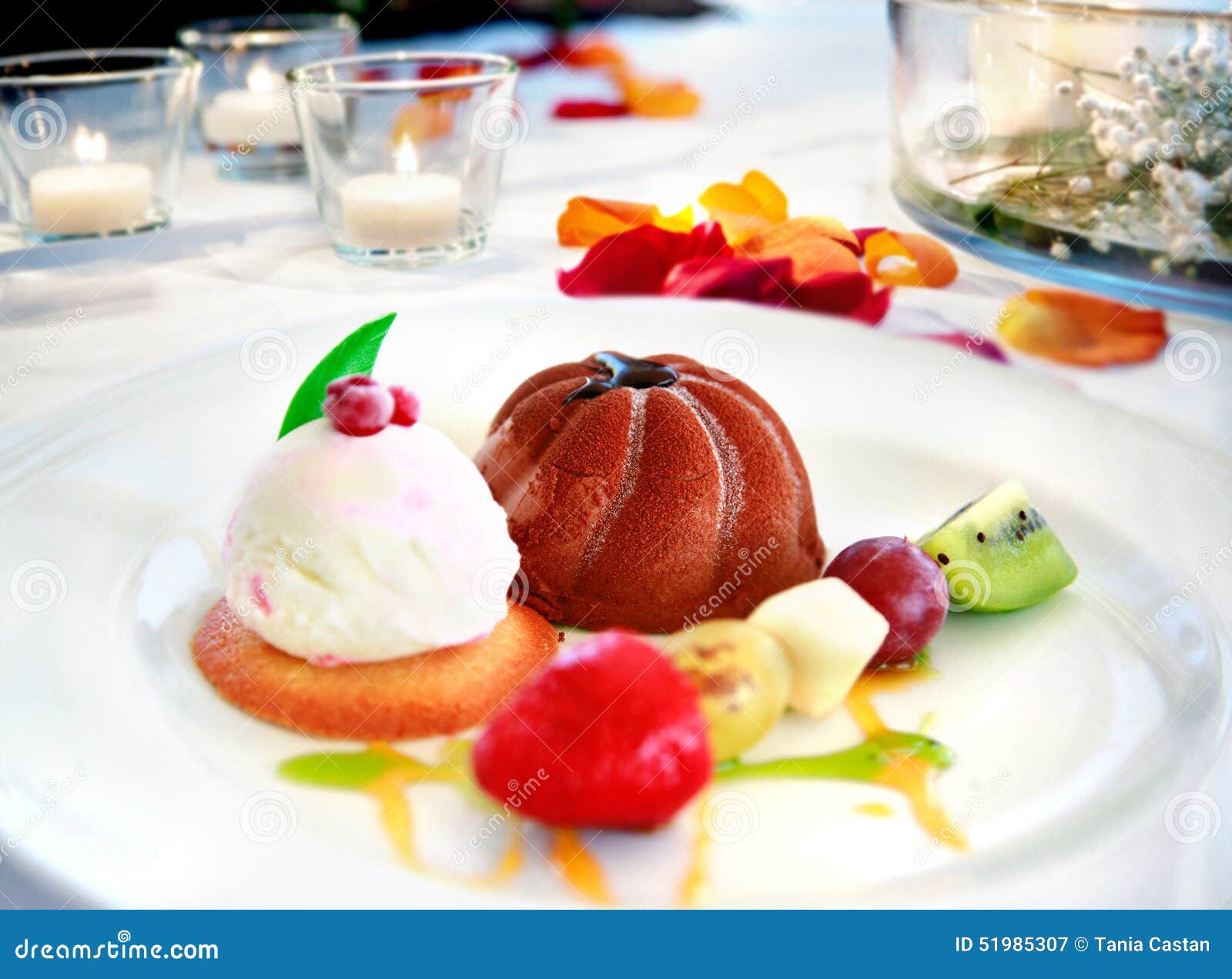 Dessert Plate On Restaurant Table Ready. Chocolate Ice Cream, Fruit And