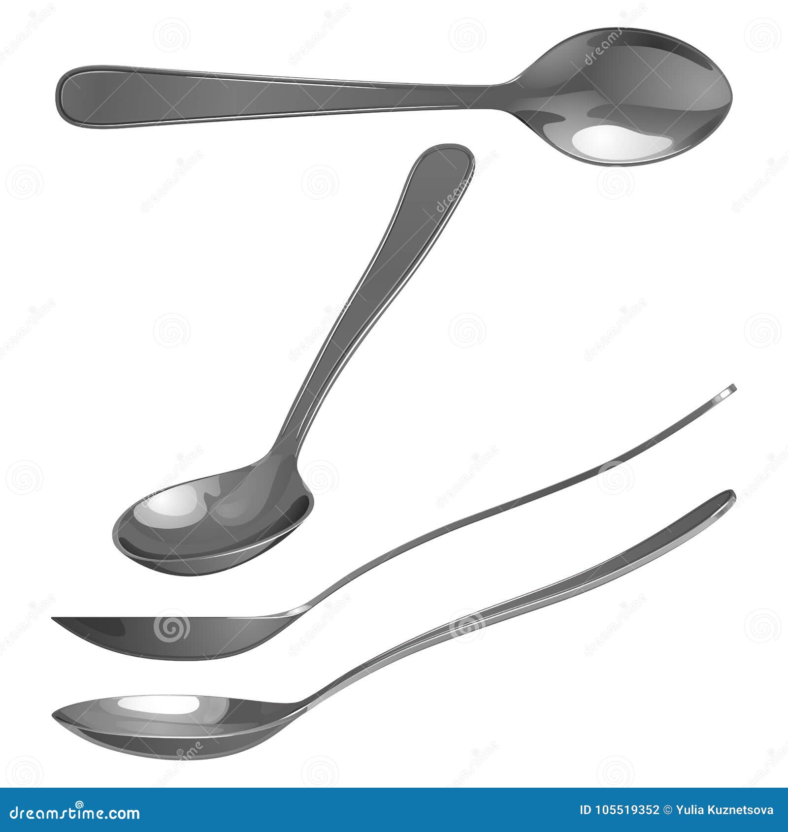 Dessert Spoon Made of Stainless Steel, in Different Angles Stock Vector