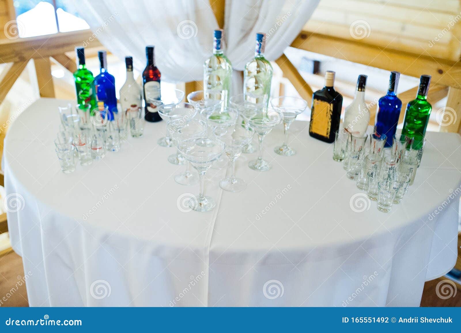 Dessert Table of Cocktails Beverages on Wedding Reception Stock Photo