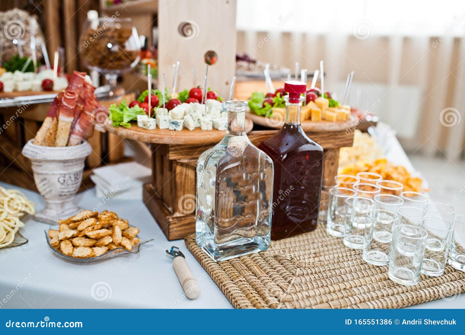 Dessert Table of Delicious Snacks on Wedding Reception Stock Photo