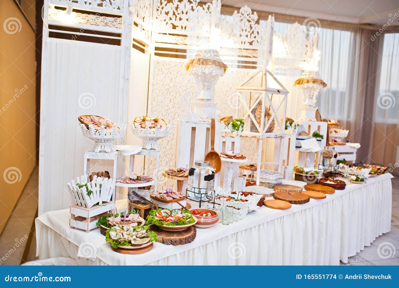 Dessert Table of Delicious Snacks on Wedding Reception Stock Photo