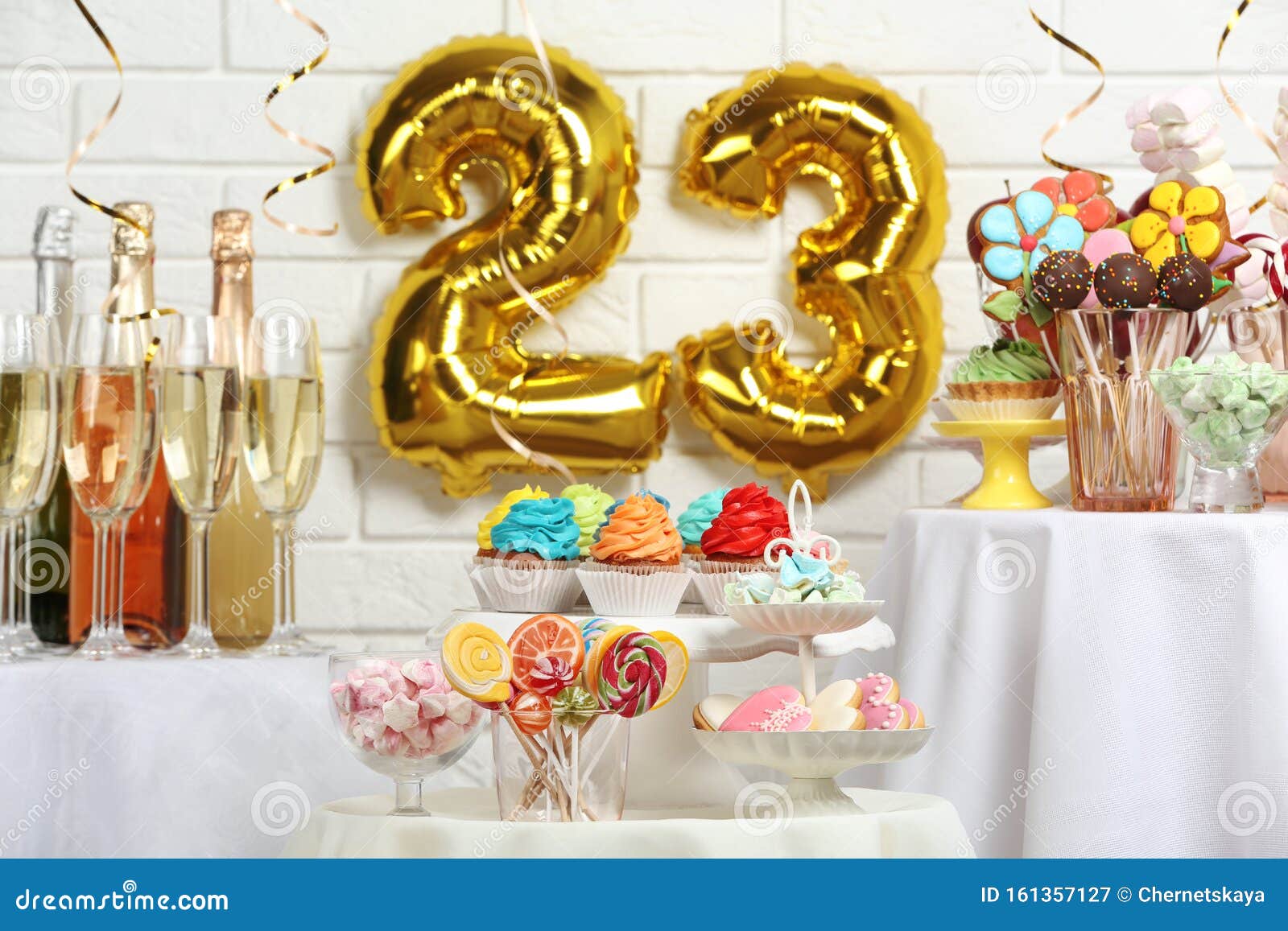 Dessert Table In Room Decorated With Balloons For 23 Year Birthday Party Stock Image Image Of Helium Confectionery