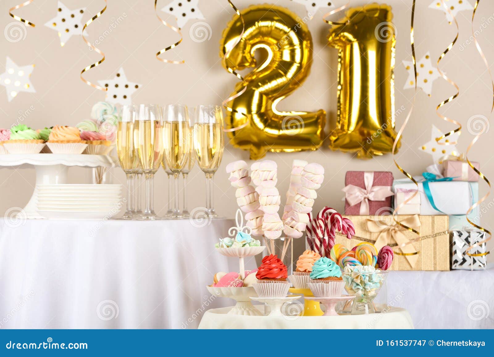 Dessert Table in Room Decorated with Balloons for 21 Year Birthday ...