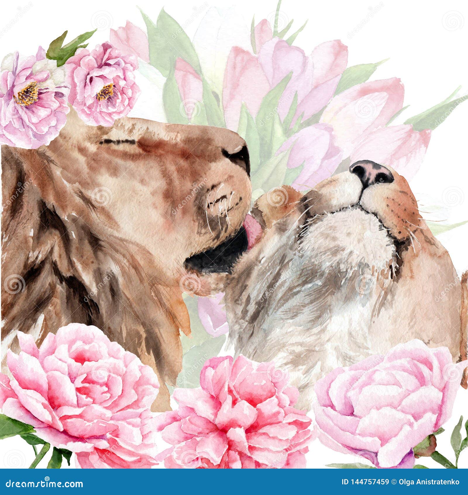 Dessin D Aquarelle Deux Lions En Fleurs Animal Chat Illustration Stock Illustration Du Heureux Watercolor