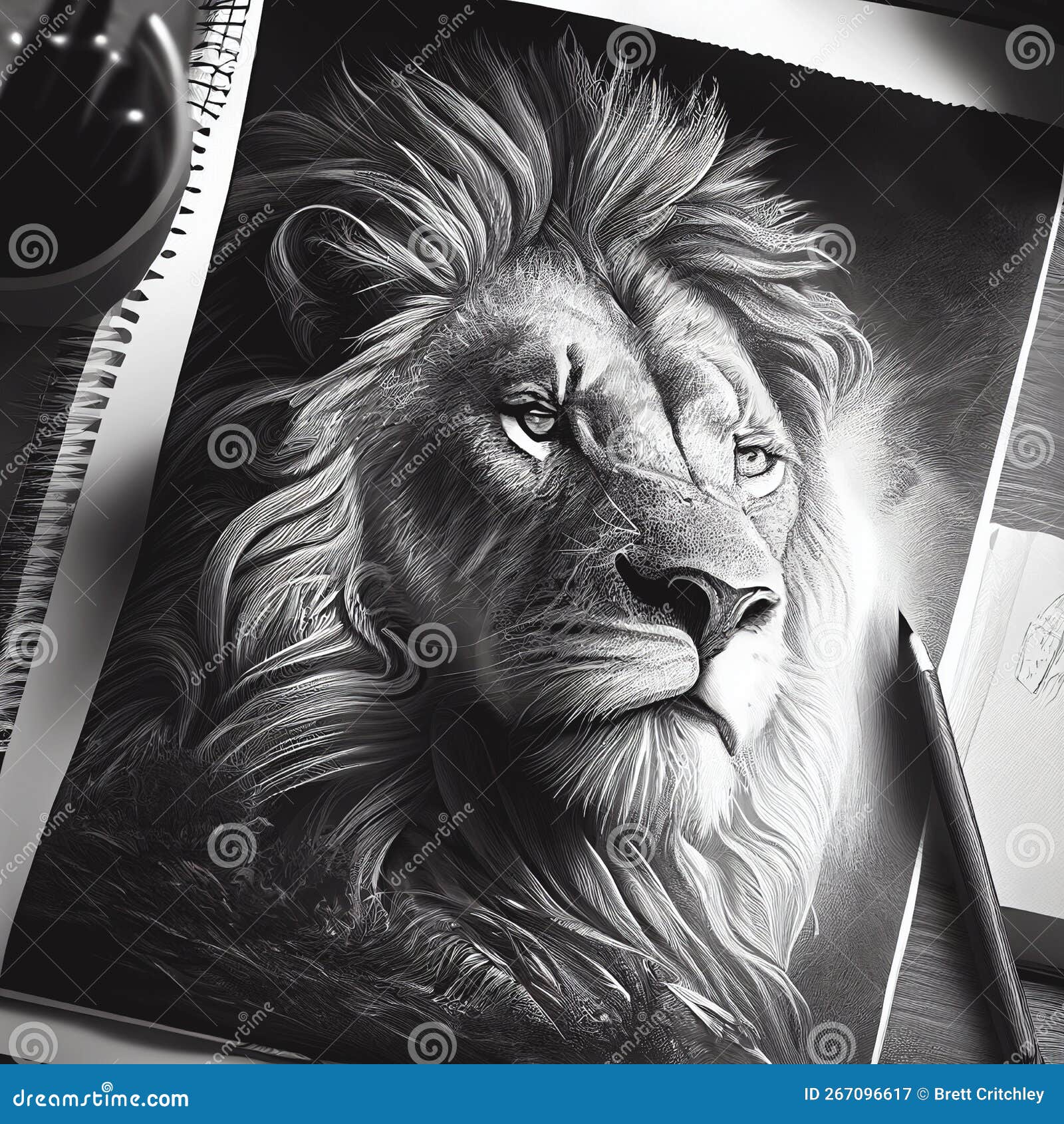 Dessin D'encre De Crayon Noir D'un Lion Majestueux Avec Grand Portrait De  Crinière Illustration Stock - Illustration du majestueux, visage: 267096617