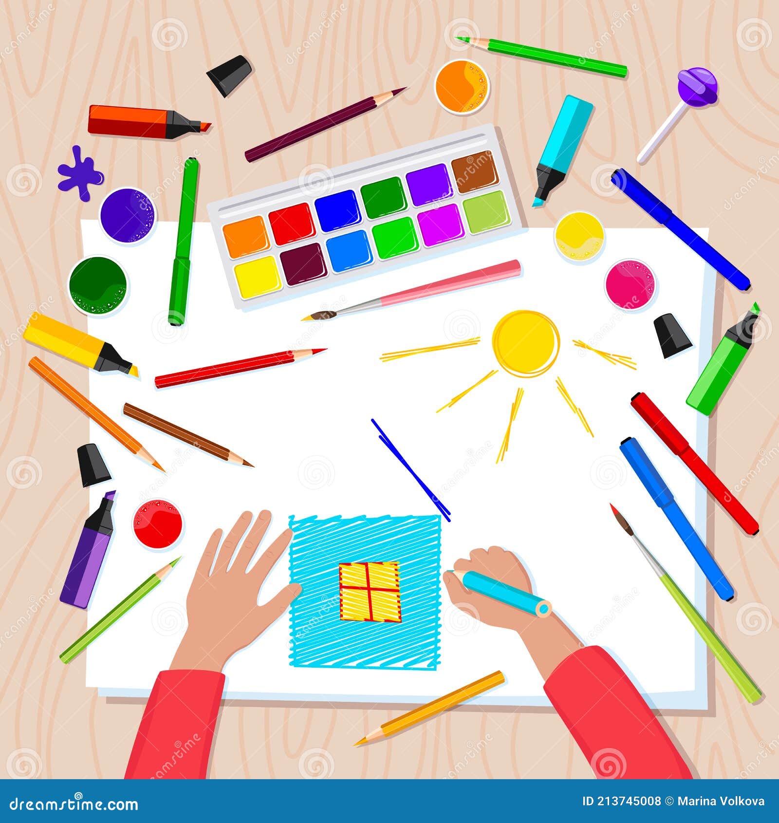 Dessin D'enfants Avec Des Crayons De Couleur Sur Papier Blanc Illustration  de Vecteur - Illustration du bureau, feutre: 213745008