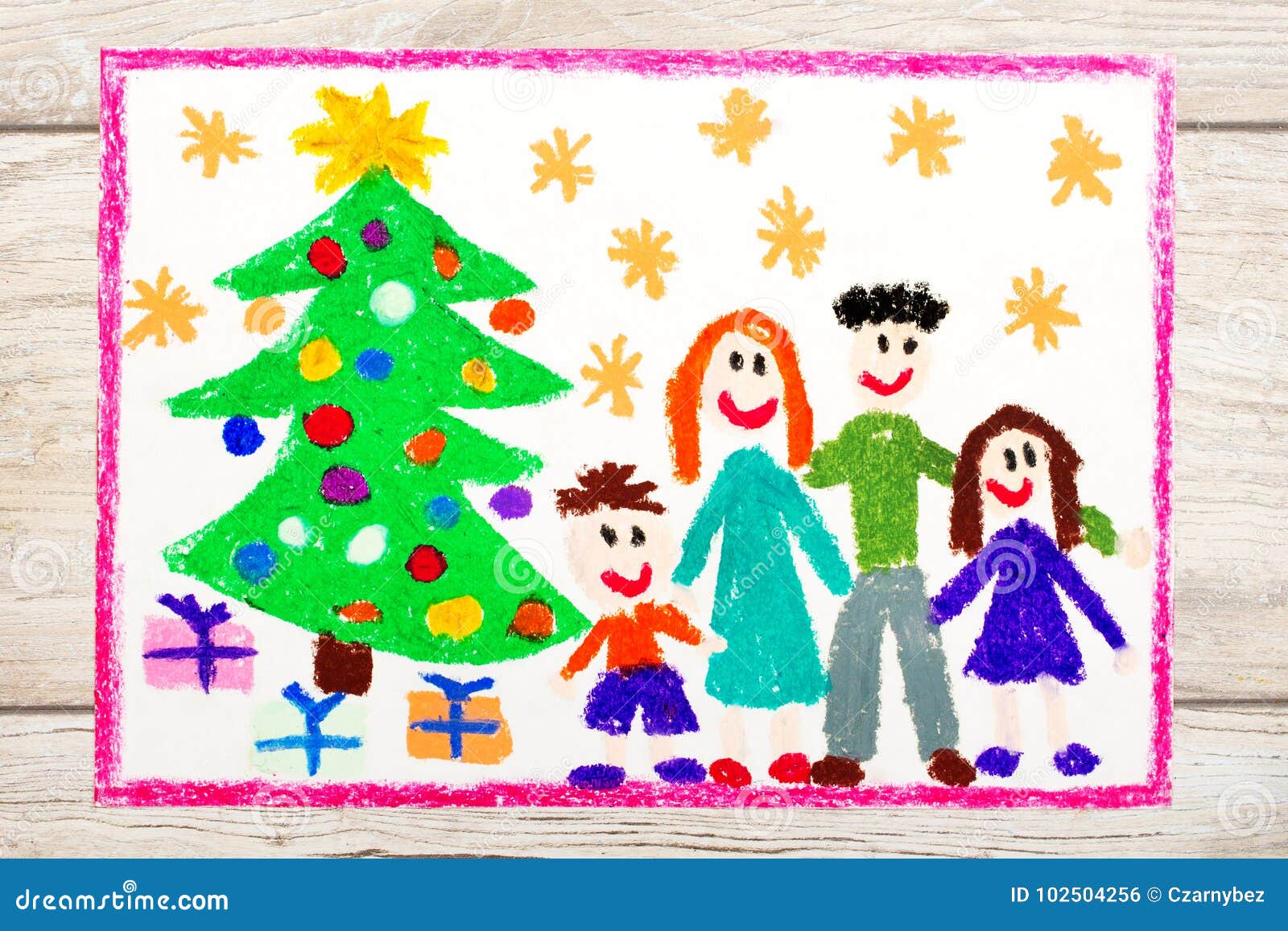 Dessin Famille Et Arbre De Noël Heureux Illustration Stock