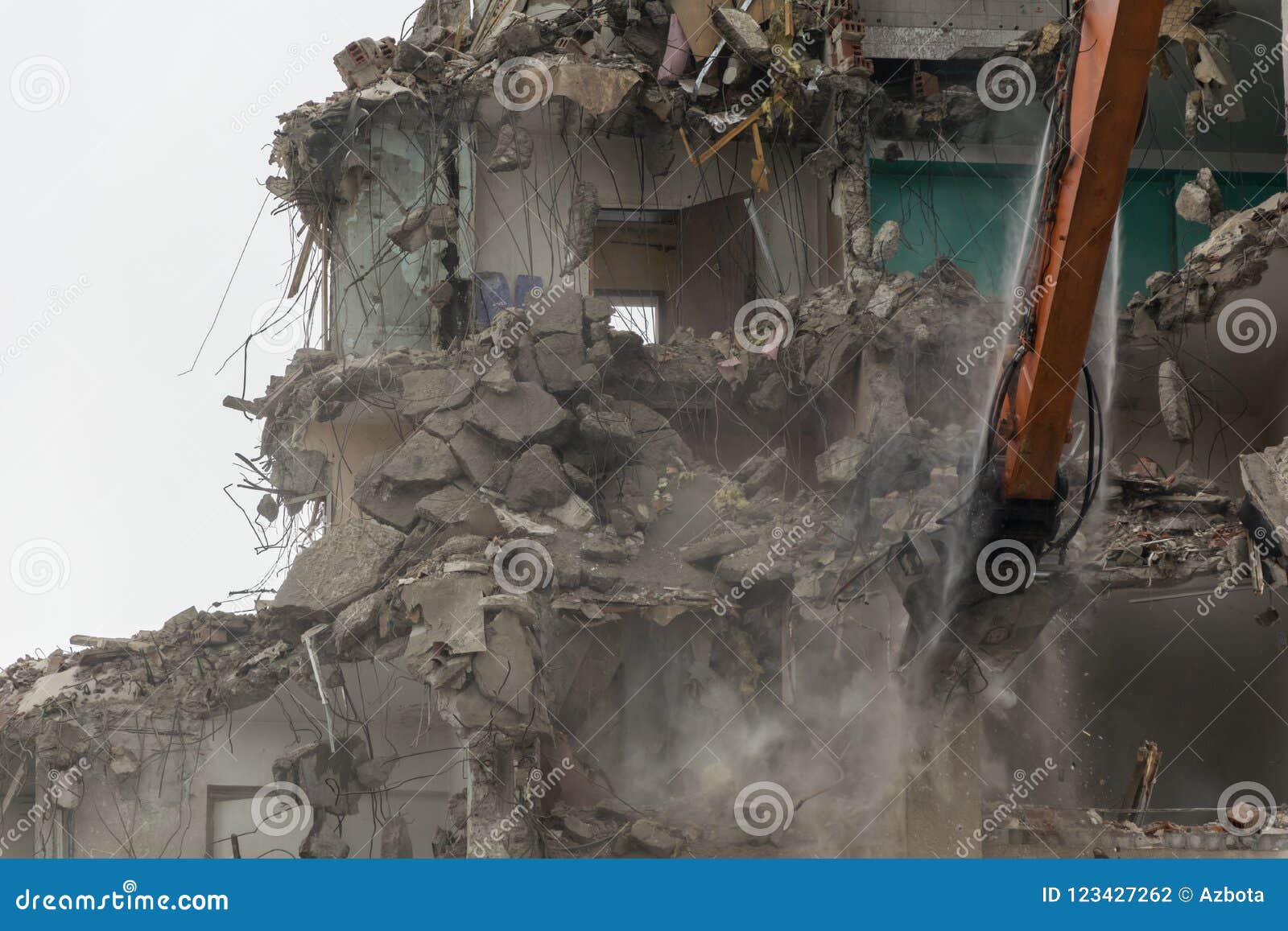 Broken Down Large Building during Demolition Image Stock Photo