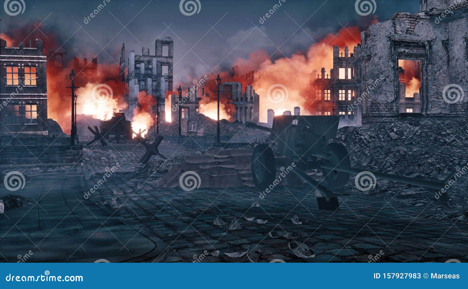 Destruida Ciudad En Llamas Tras La Segunda Guerra Mundial Stock de  ilustración - Ilustración de digital, ruinas: 157927983