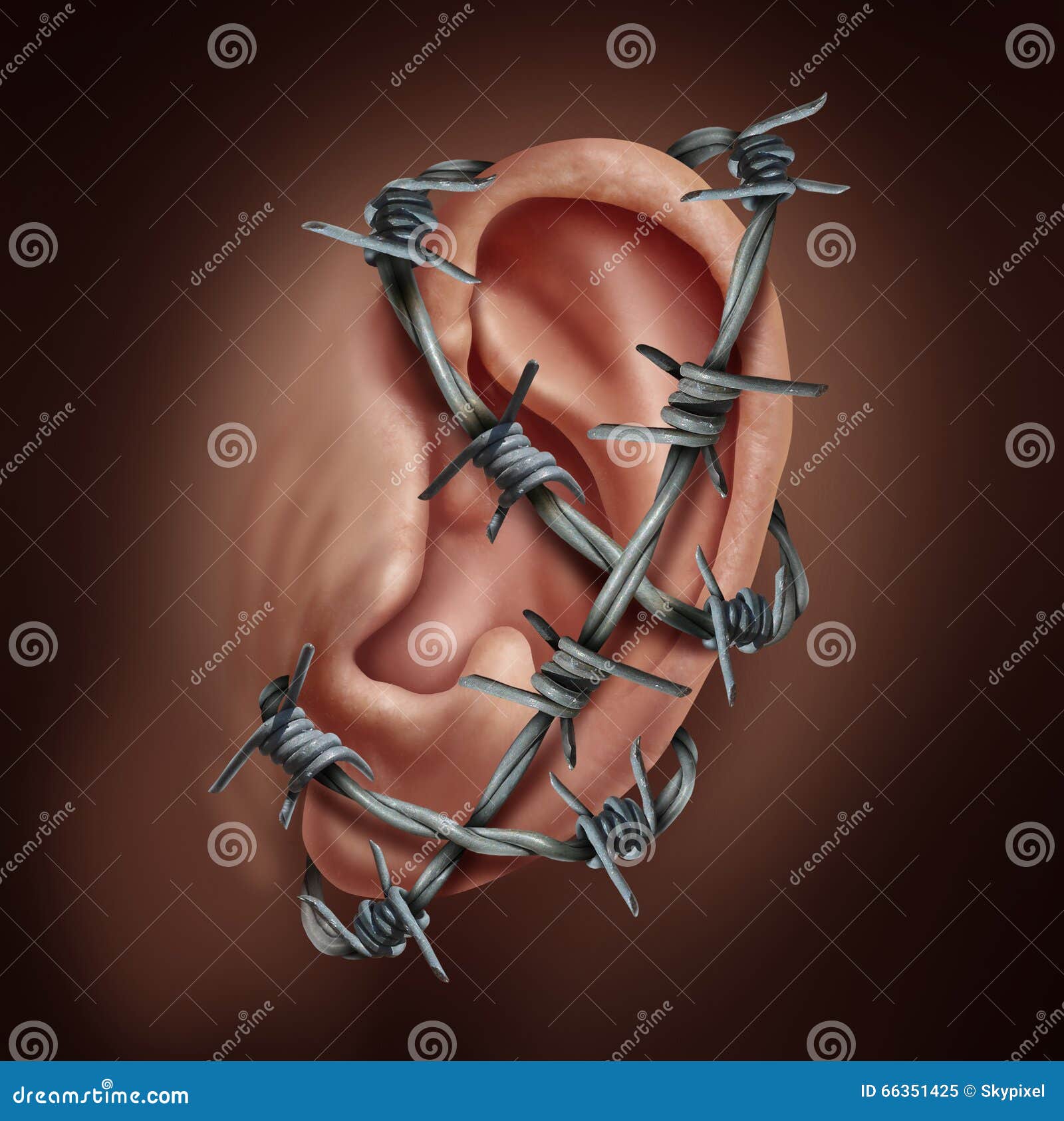 Det mänskliga örat smärtar och örsprånginfektionsymbolet som försett med en hulling - tråd som slås in runt om den hörande kroppsdelen orsaka en skarp brinnande sjukdom, som otitisen eller simmare gå i ax knip
