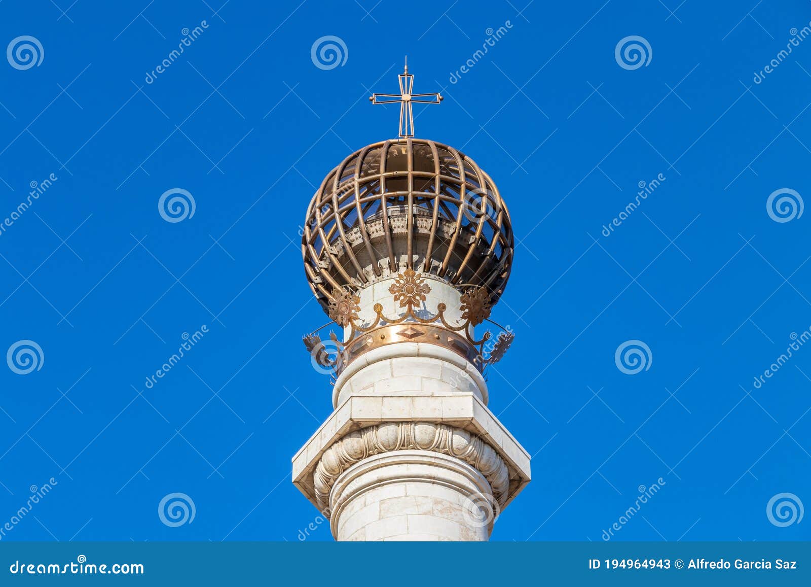 detail of ball in the summit of the monument to the discoverers, also known as columna del iv centenario, is a specimen of public