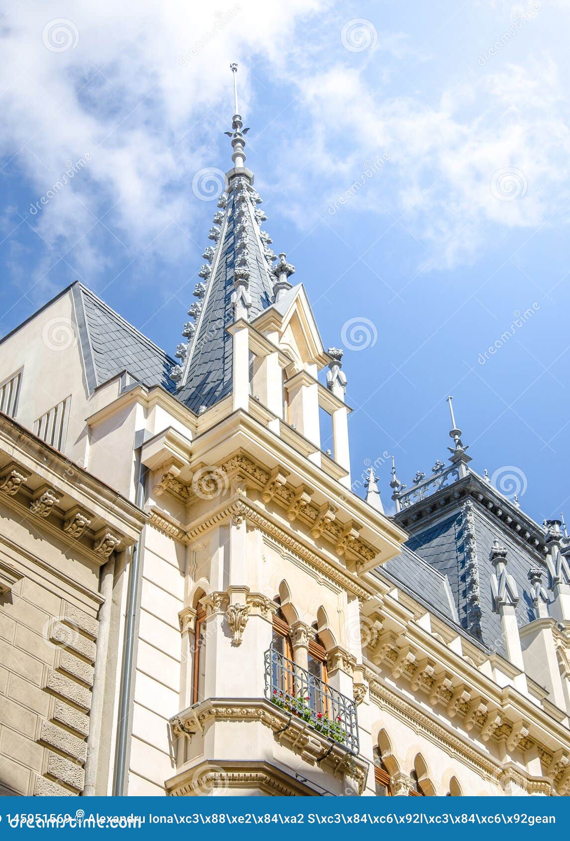detail of the gothic building in bucharest that hosts the beer wagon