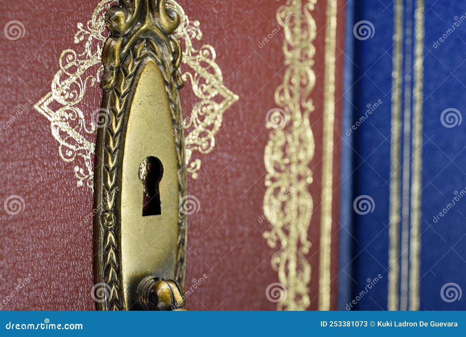 detail of a book with a lock on a shelf