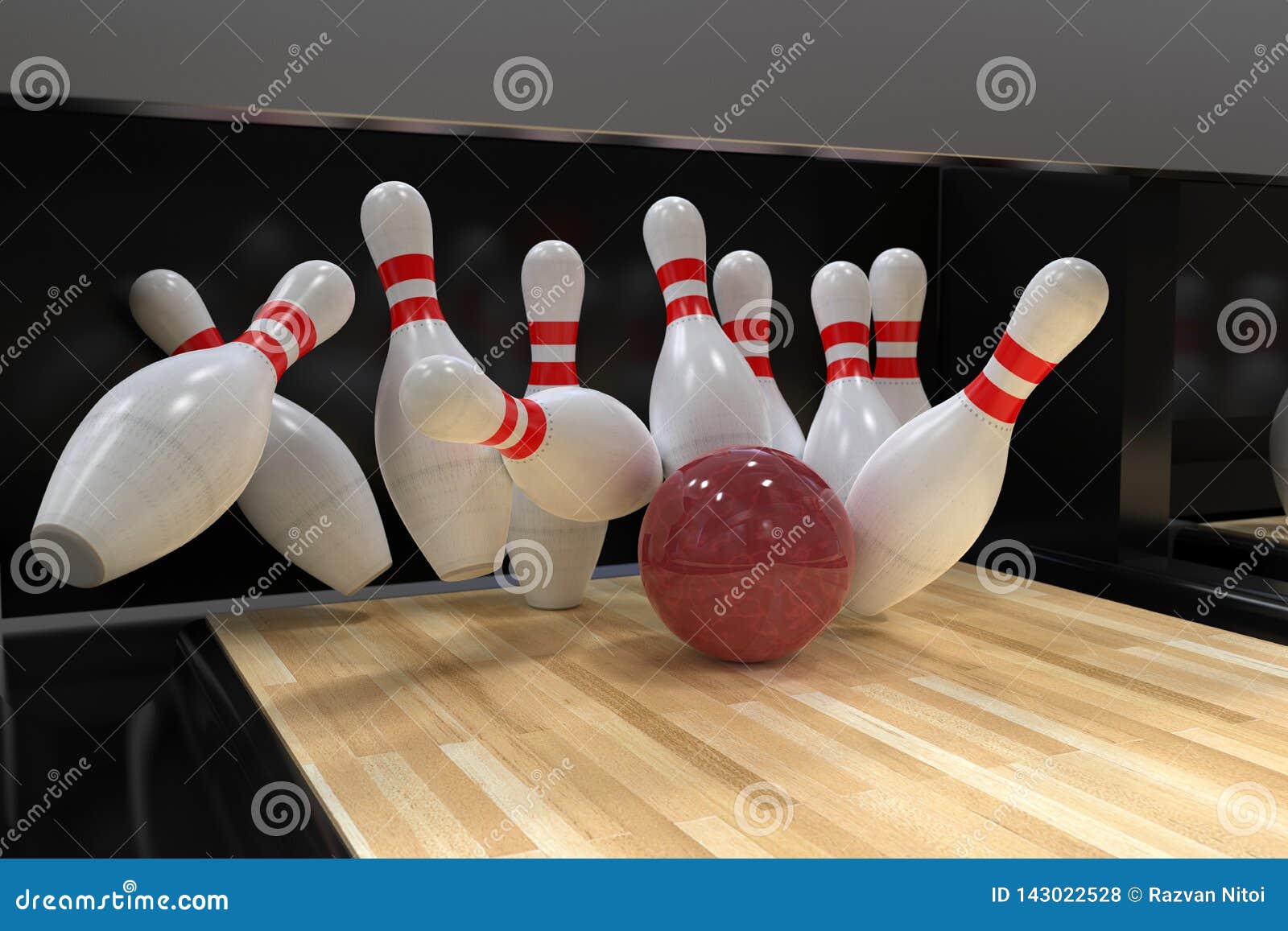 bowling ball hitting all 10 pins, in a strike