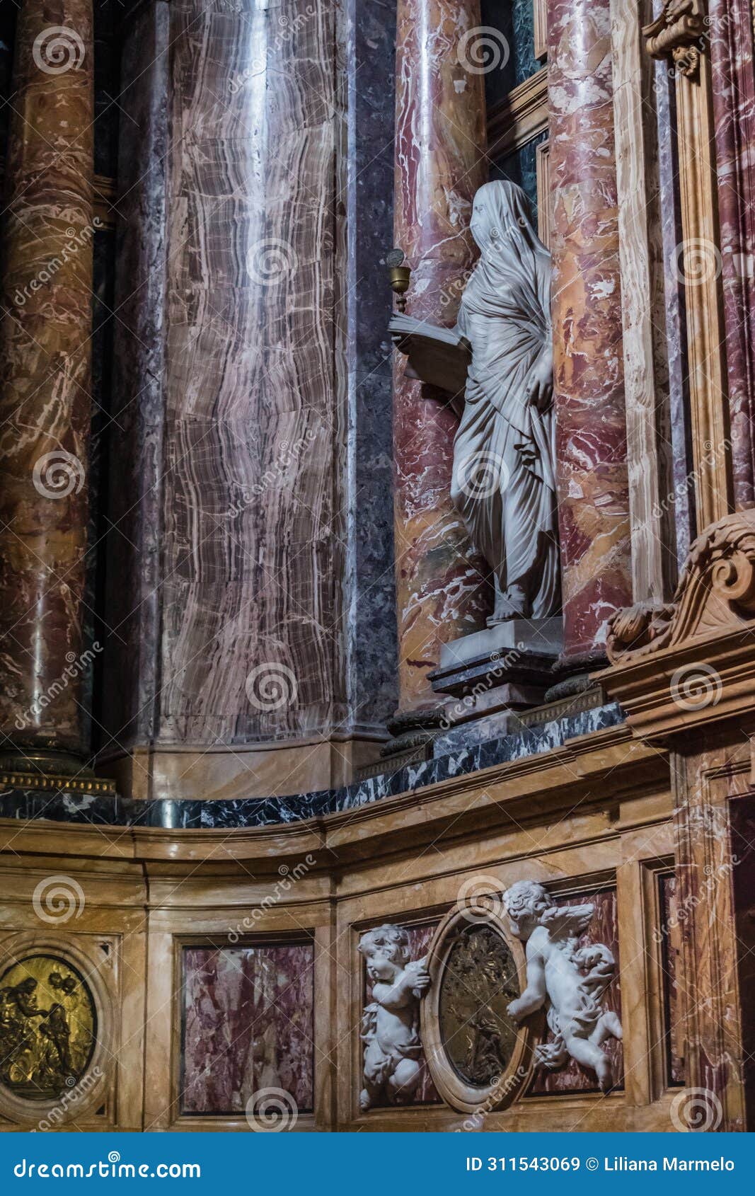 detail of church santa maria maddalena dei pazzi with veiled statue and colored marble, florence italy