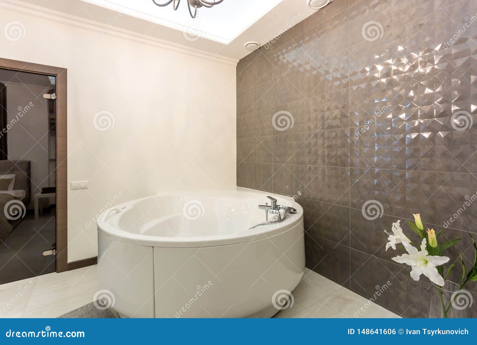 Detail of a Corner Shower Jacuzzi with Wall Mount Shower Attachment