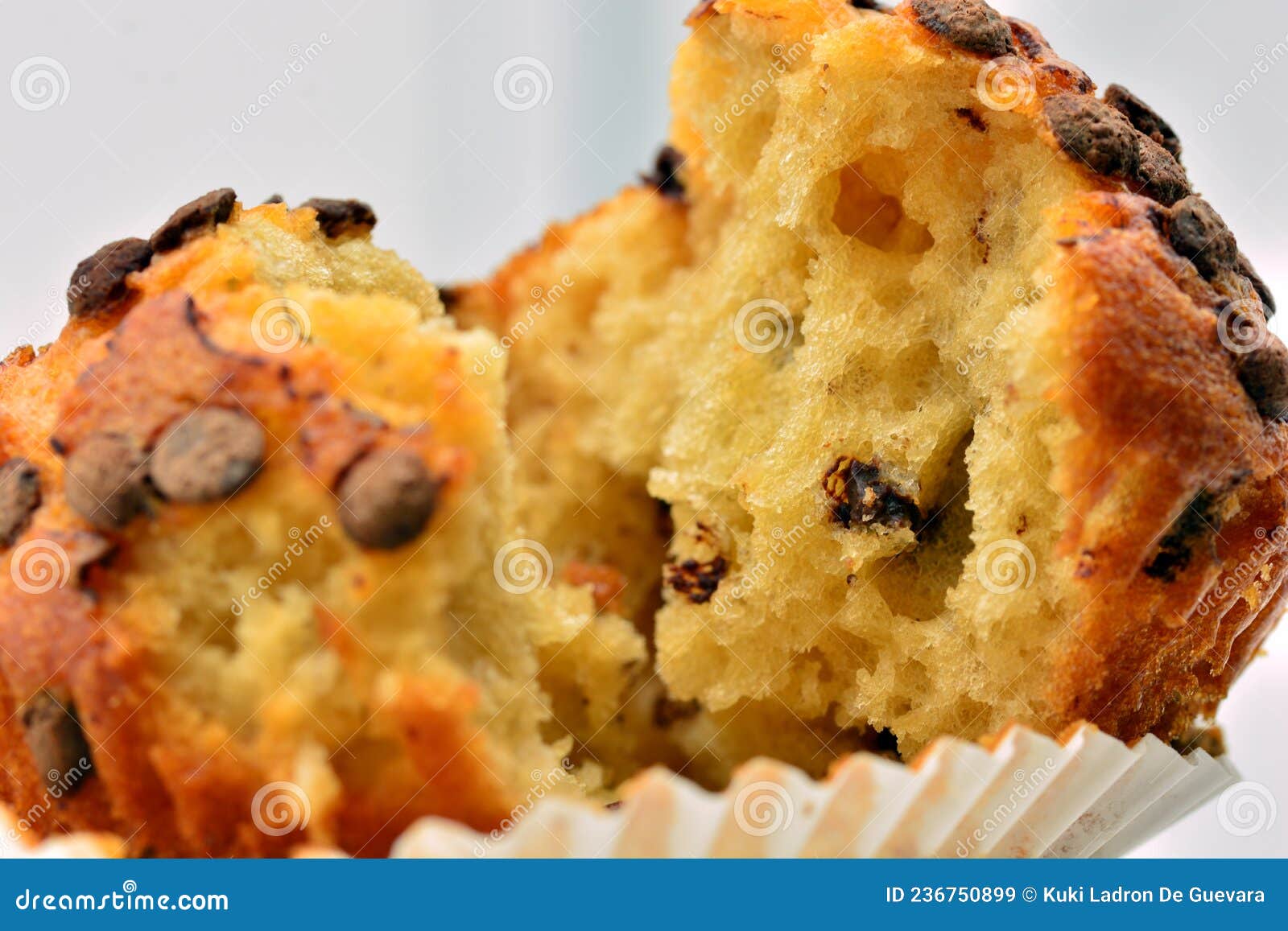 detail of fluffy chocolate chip muffins