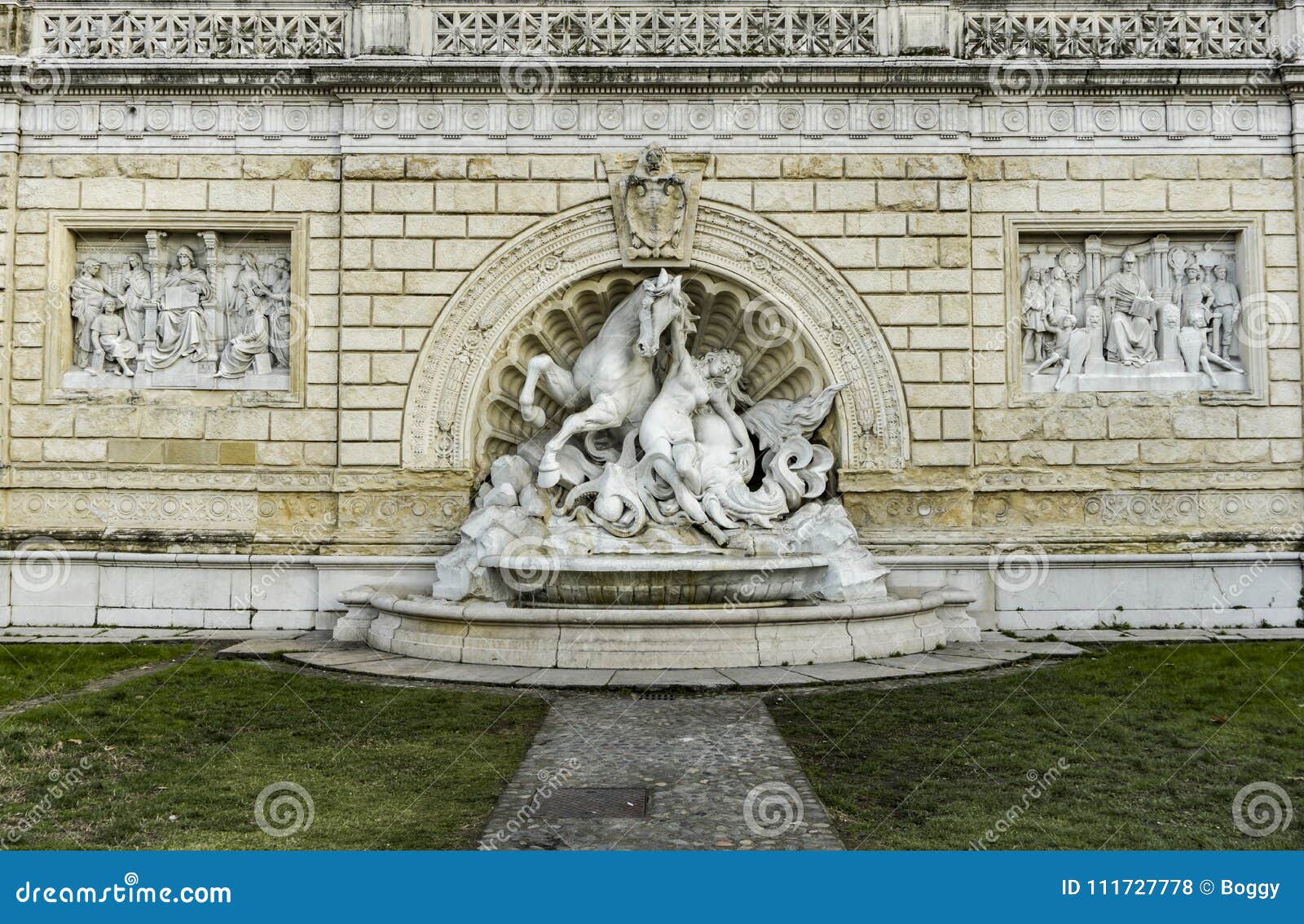 detail from fountain of nymph and seahorse inn bologna, italy.