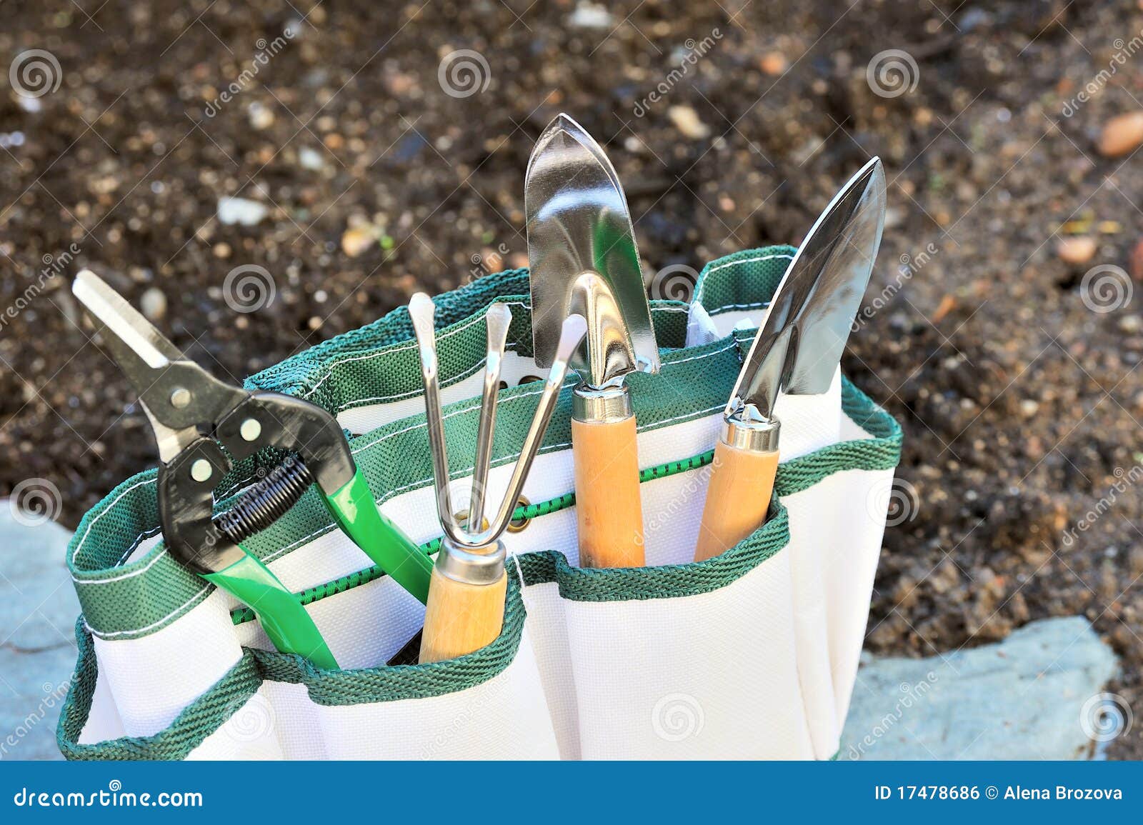 detail of gardening tools in tool bag