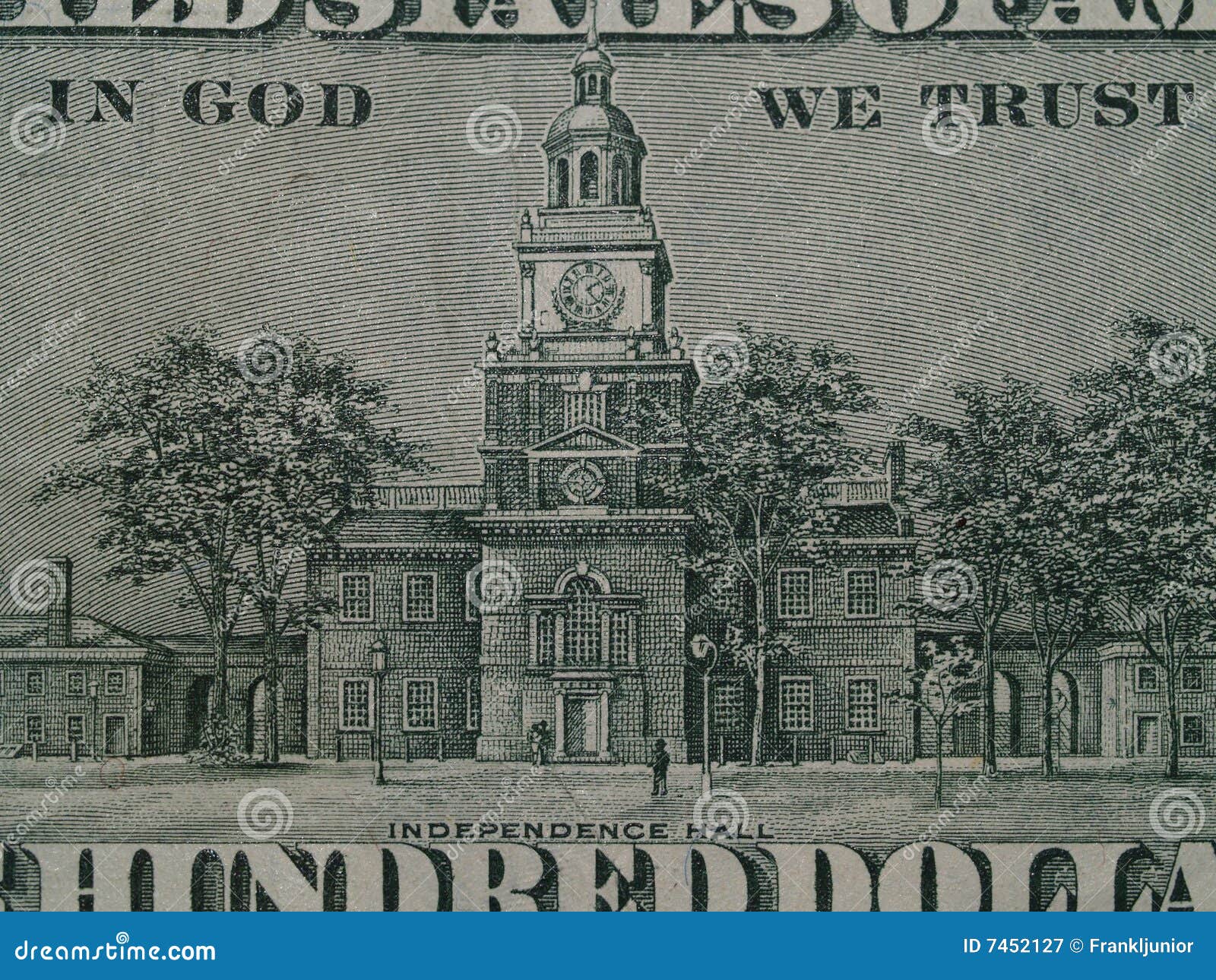 Detail of Independence Hall 100 Bill Stock Image Image of portrait, financial 7452127