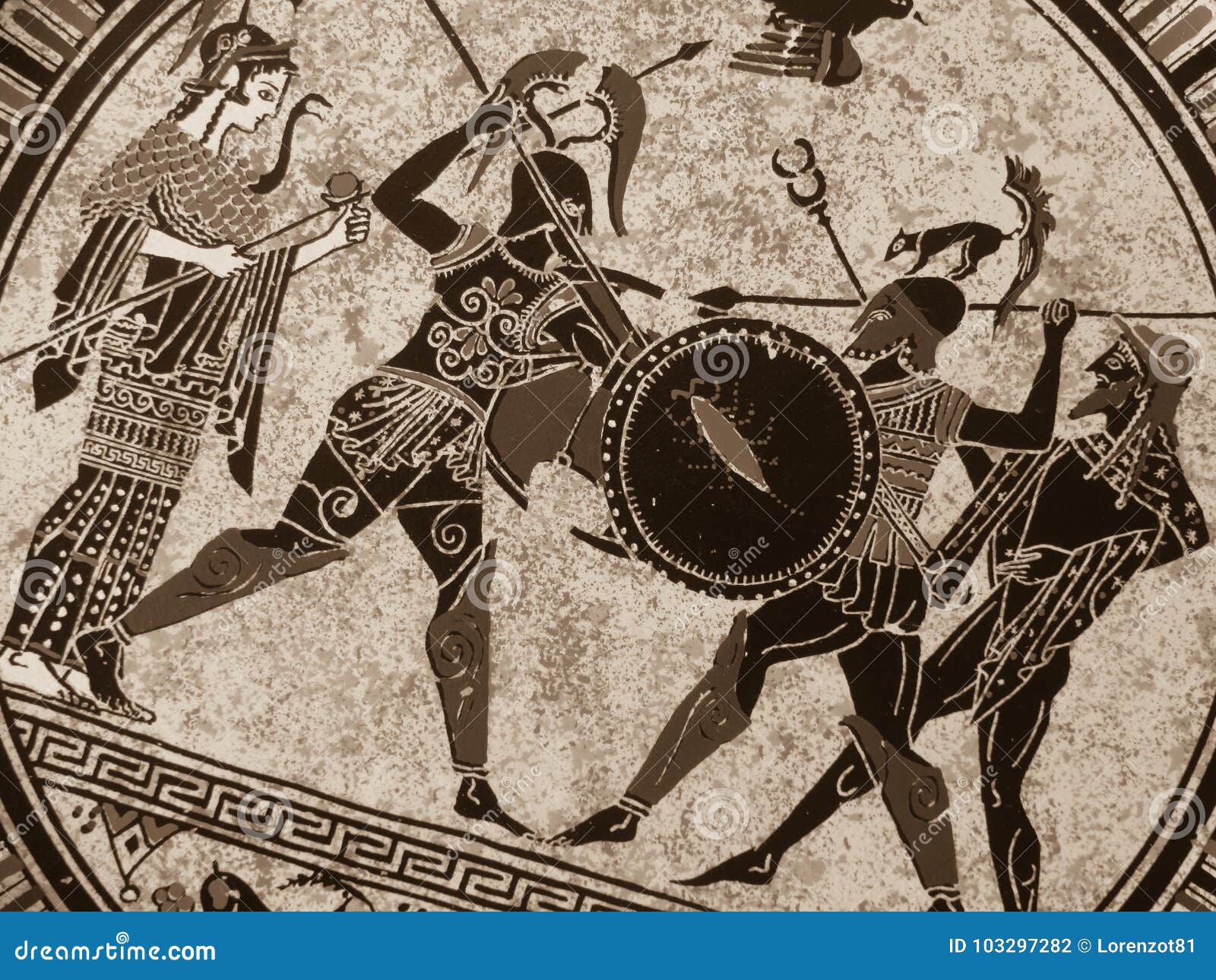detail from an old historical greek paint over a dish. mythical heroes and gods fighting on it